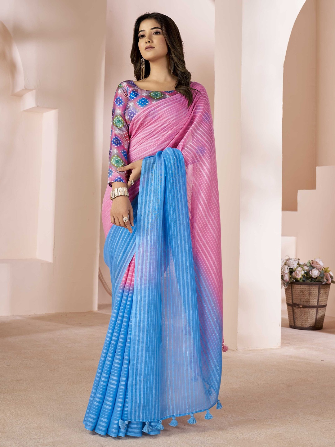 

Mitera Striped Saree, Pink
