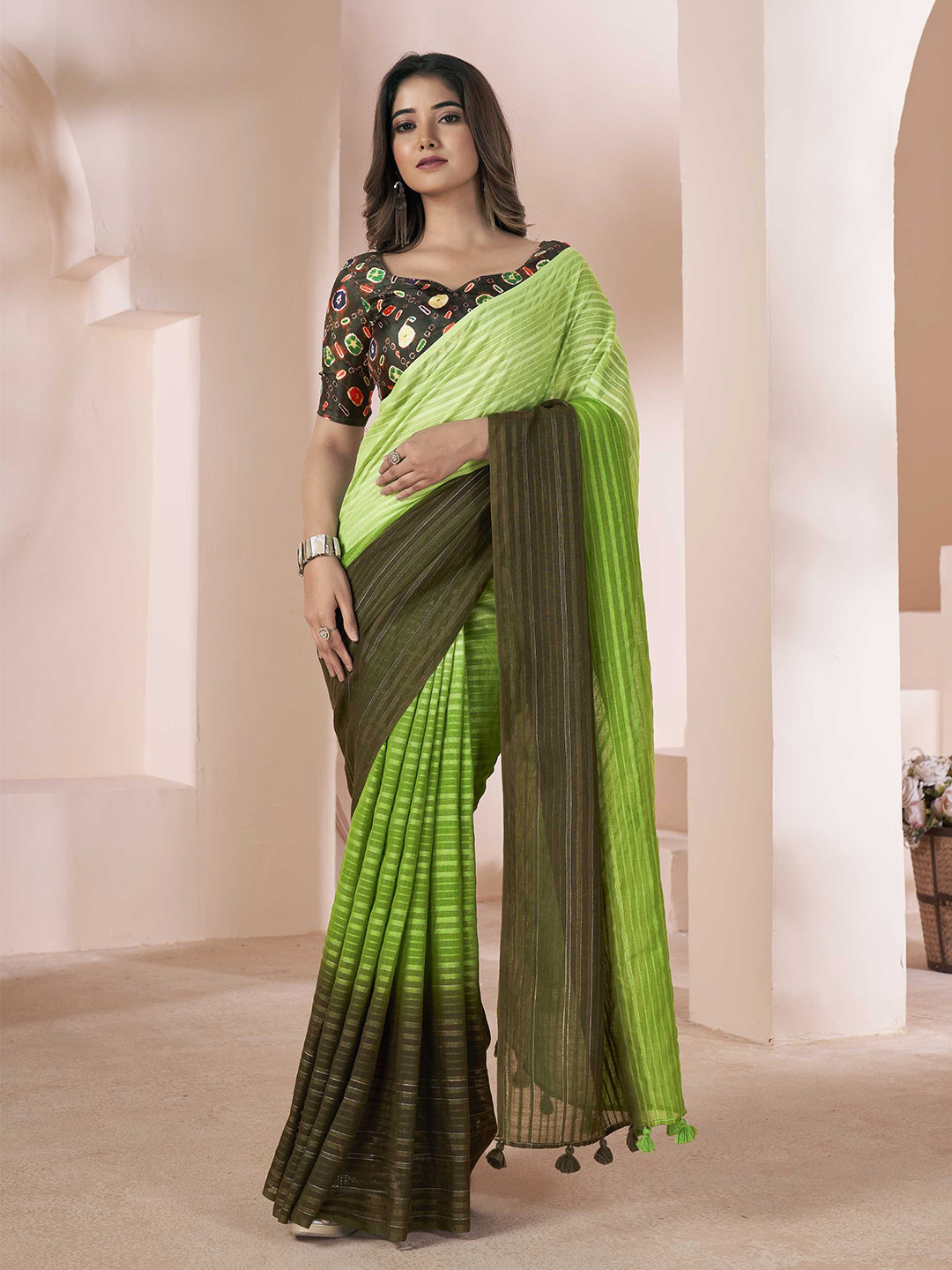 

Mitera Striped Saree, Green