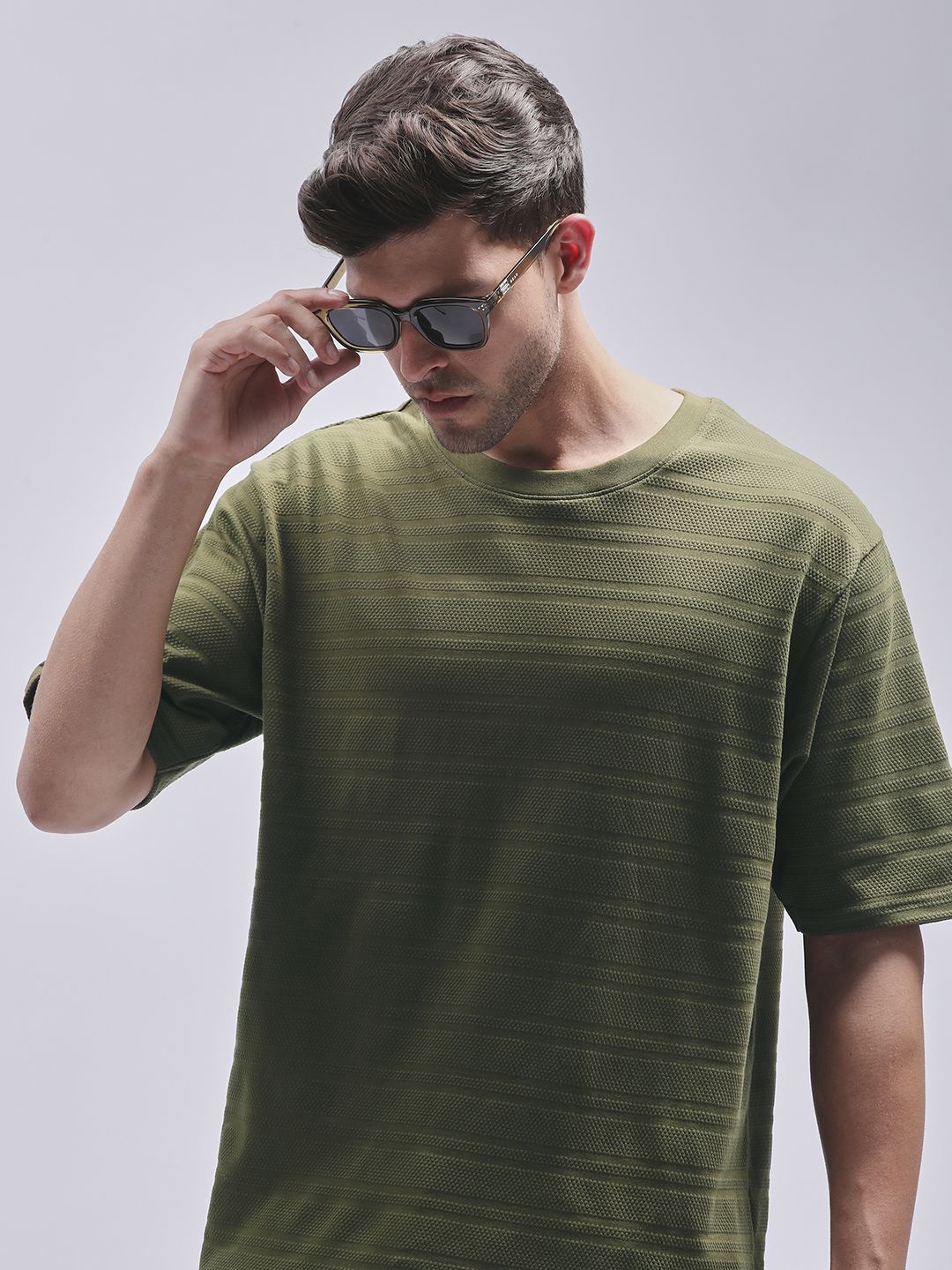 

DILLINGER Men Round Neck Solid Oversized Pure Cotton T-shirt, Olive