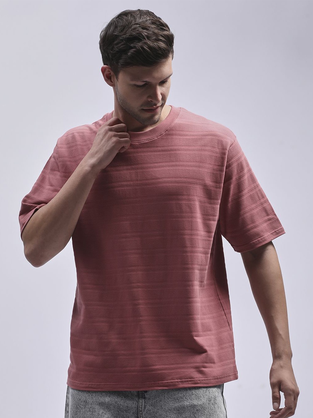 

DILLINGER Men Round Neck Solid Oversized Pure Cotton T-shirt, Rose