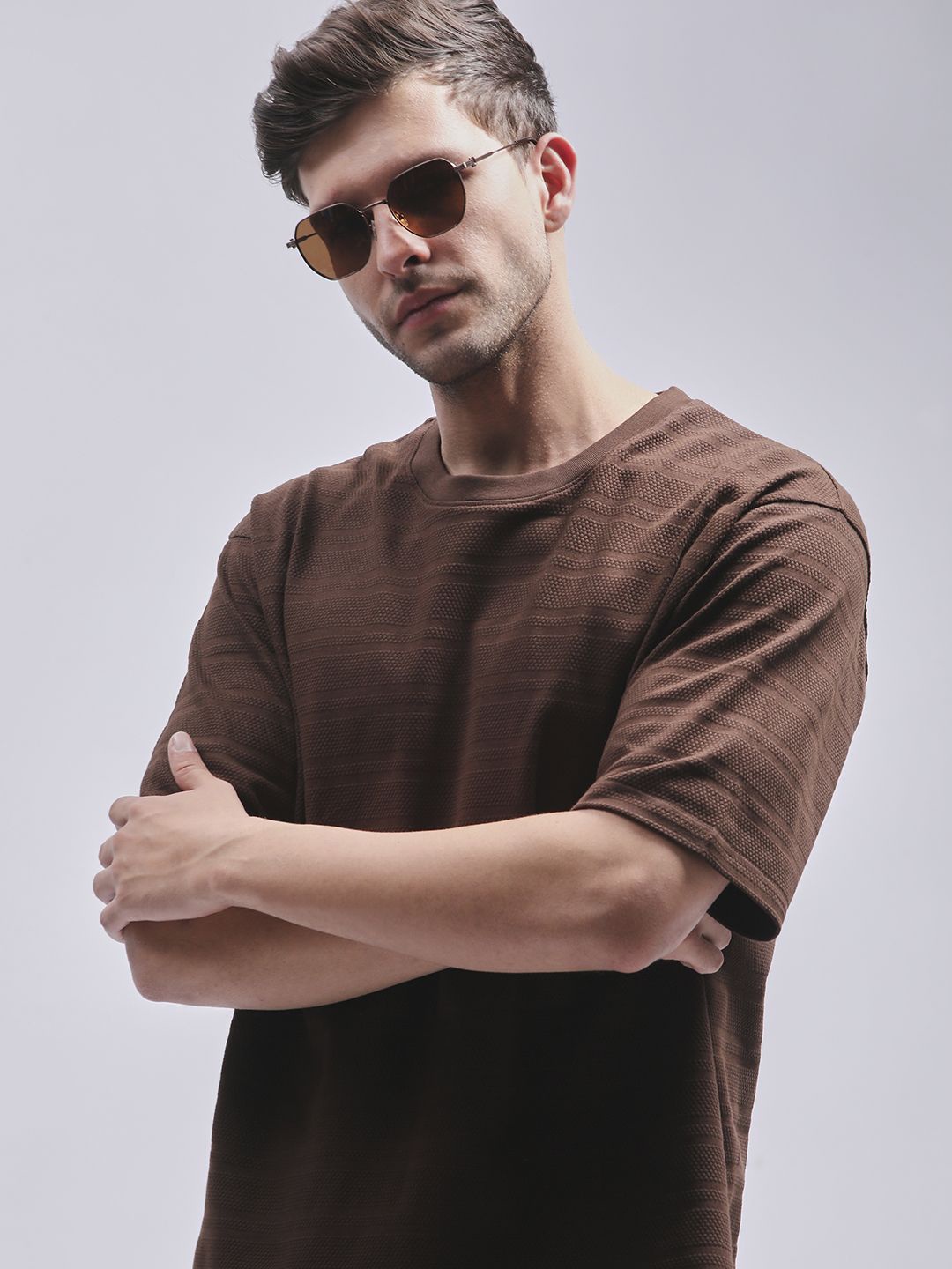 

DILLINGER Men Round Neck Solid Oversized Pure Cotton T-shirt, Brown
