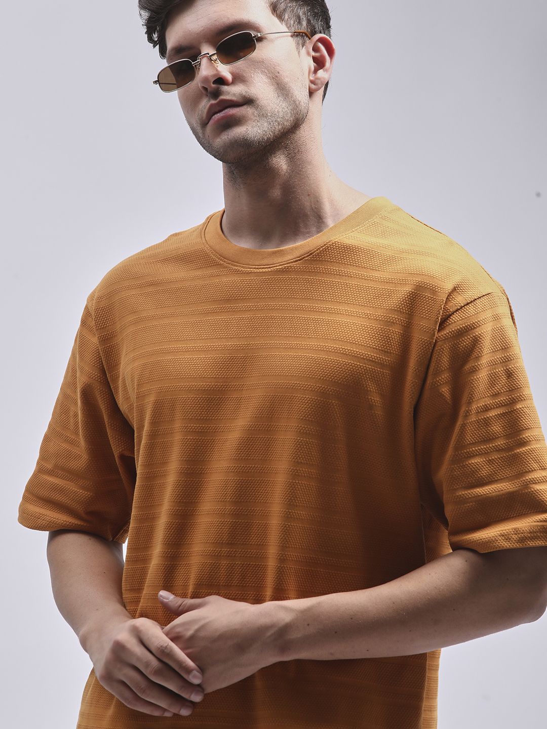 

DILLINGER Men Round Neck Solid Oversized Pure Cotton T-shirt, Camel brown