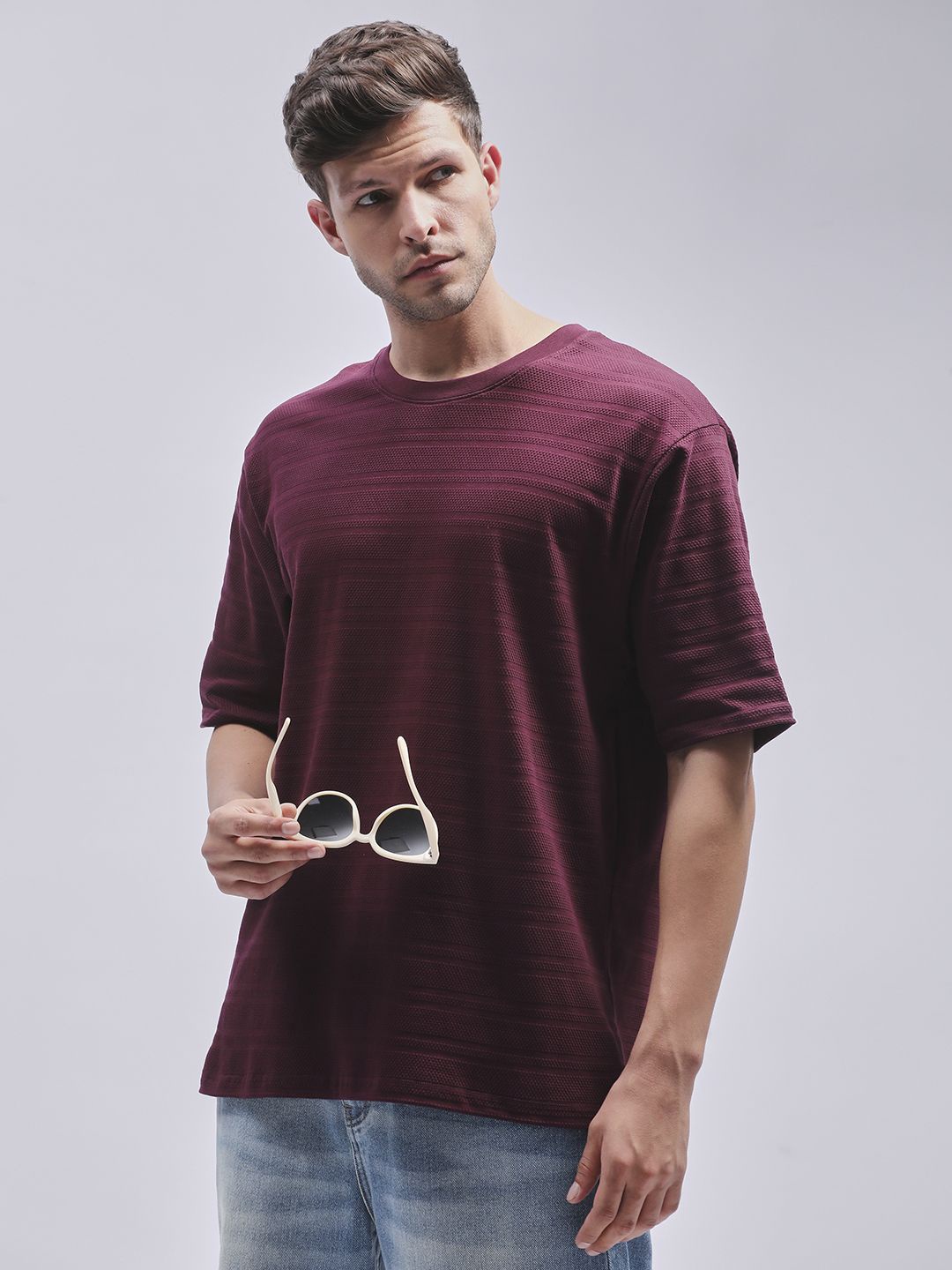 

DILLINGER Men Round Neck Solid Oversized Pure Cotton T-shirt, Burgundy