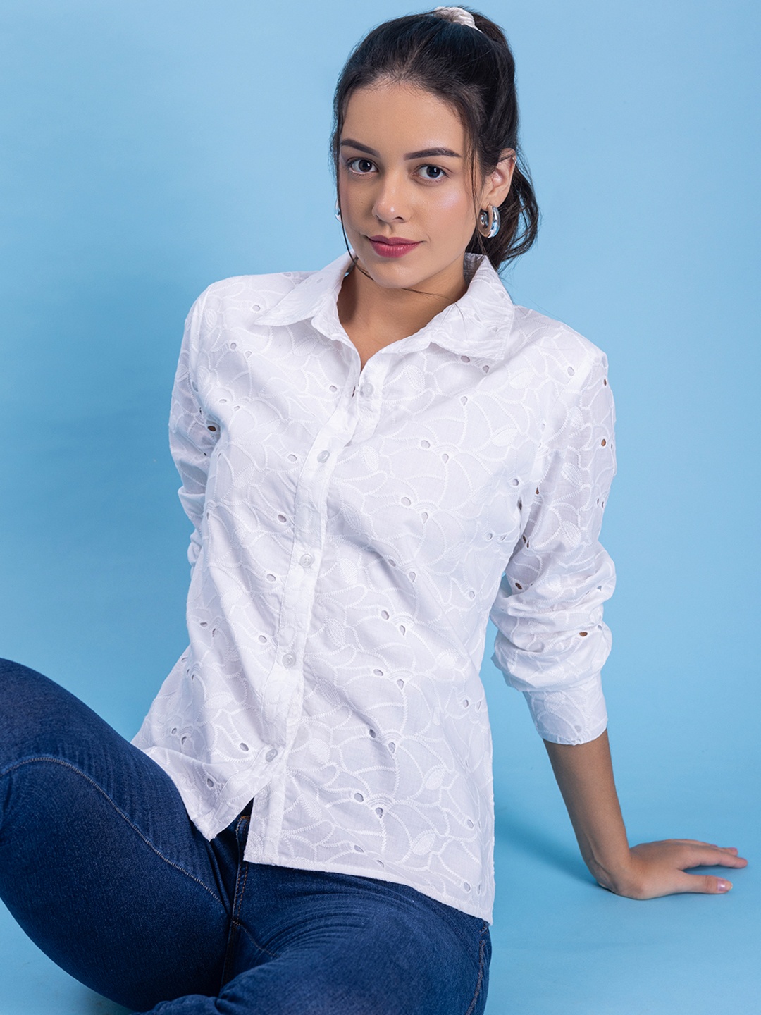 

Lounge Dreams Women Premium Semi Sheer Schiffli Cotton Shirt, White
