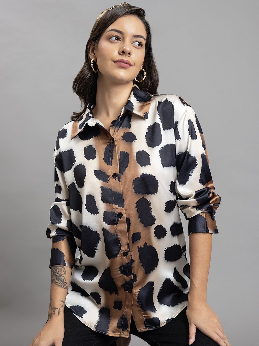 

Lounge Dreams Women Relaxed Opaque Animal Printed Satin Shirts, Beige
