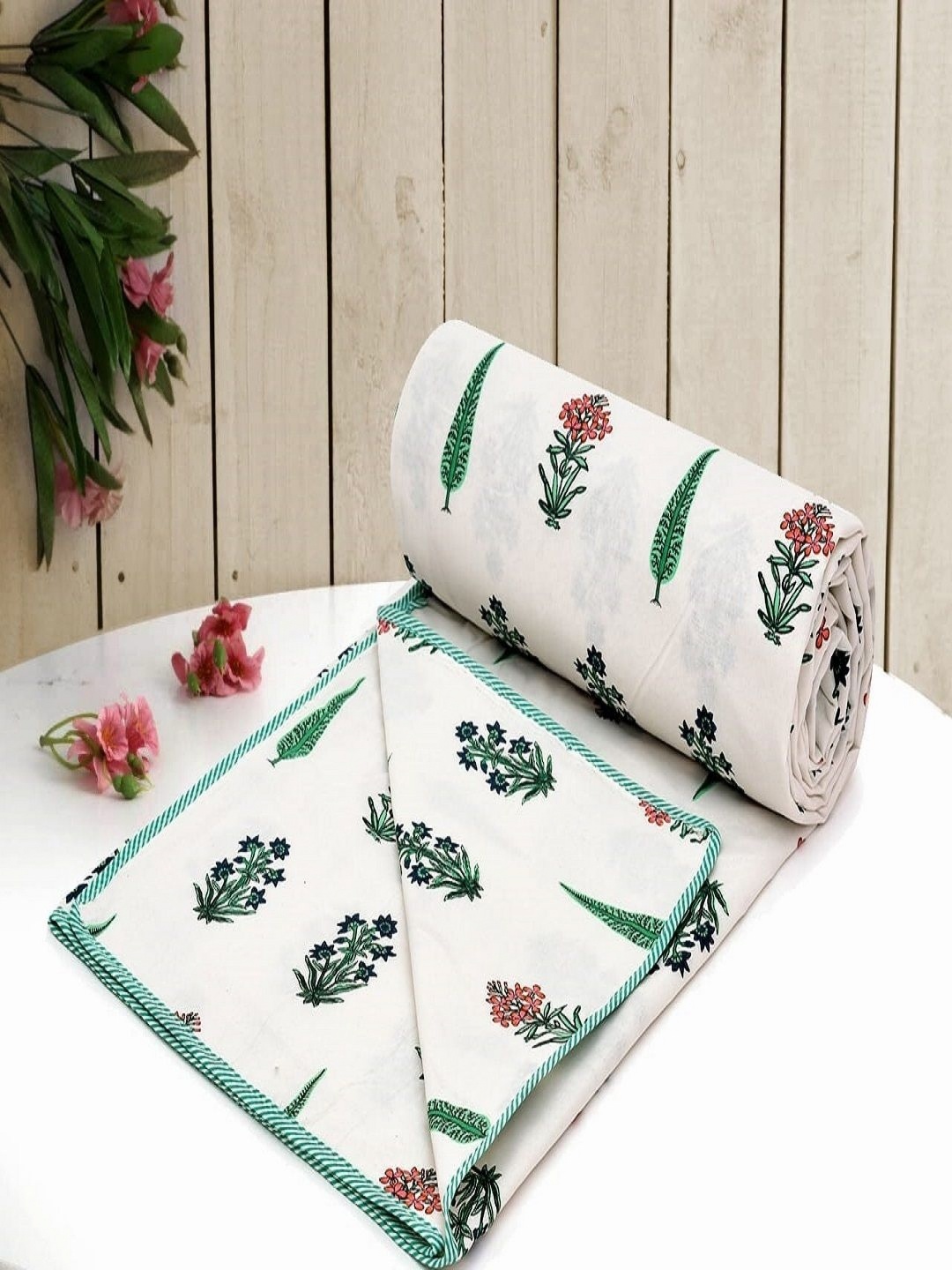 

CHICERY White & Green Floral AC Room 210 GSM Cotton Single Bed Dohar