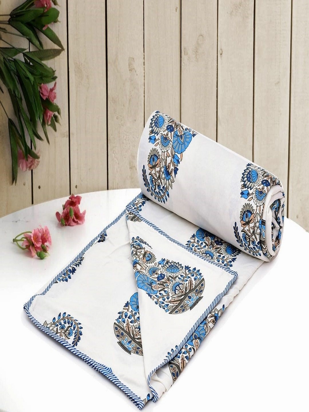 

CHICERY White & Turquoise Blue Floral AC Room 210 GSM Cotton Double Bed Dohar