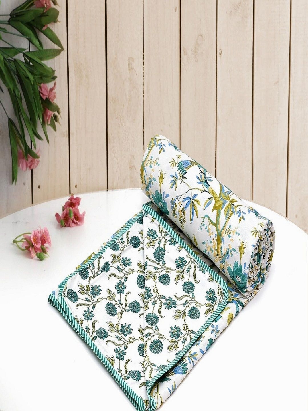 

CHICERY White & Green Floral AC Room Cotton 210 GSM Double Bed Dohar