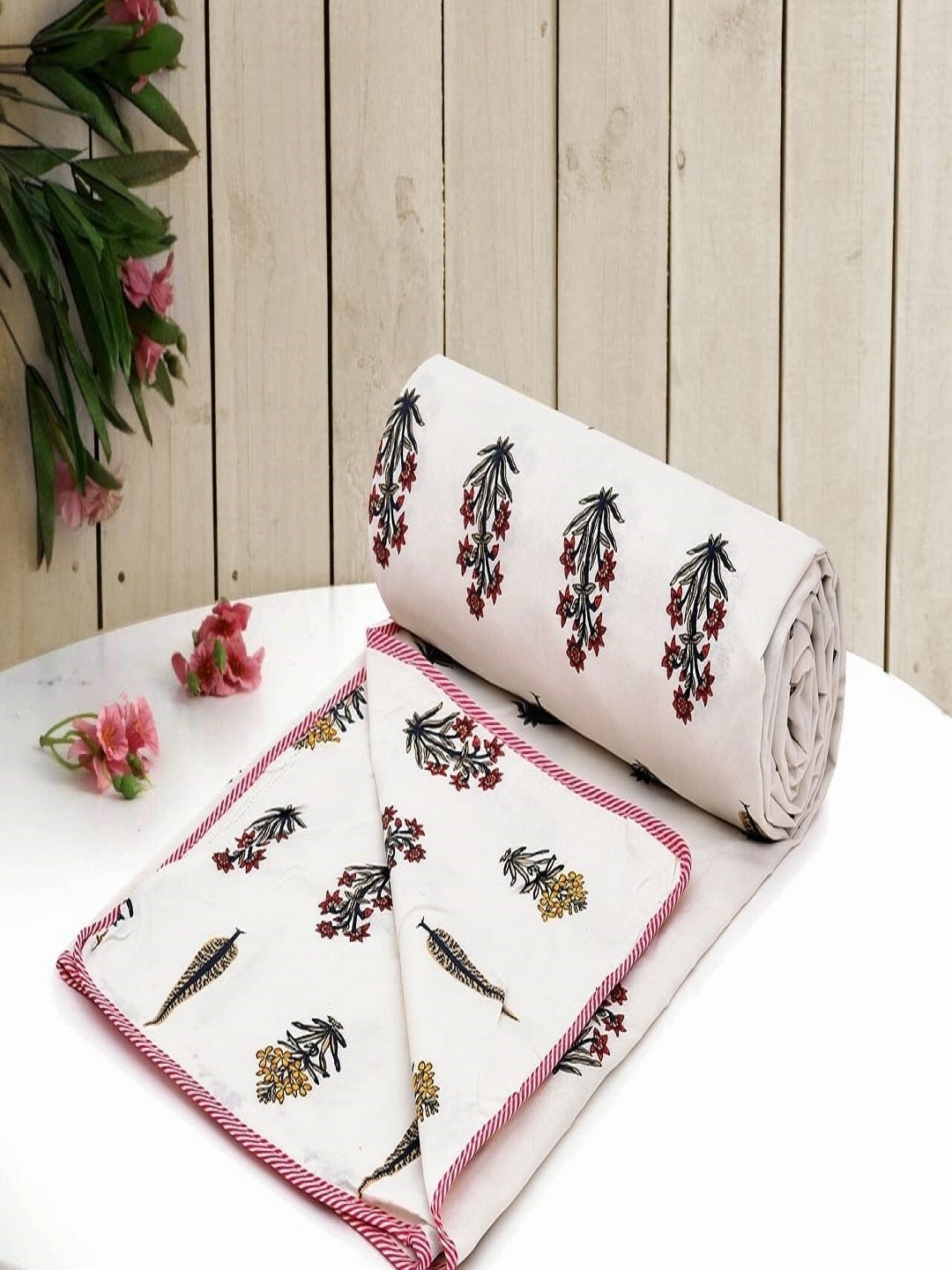 

CHICERY White & Pink Floral AC Room Cotton 210 GSM Double Bed Dohar