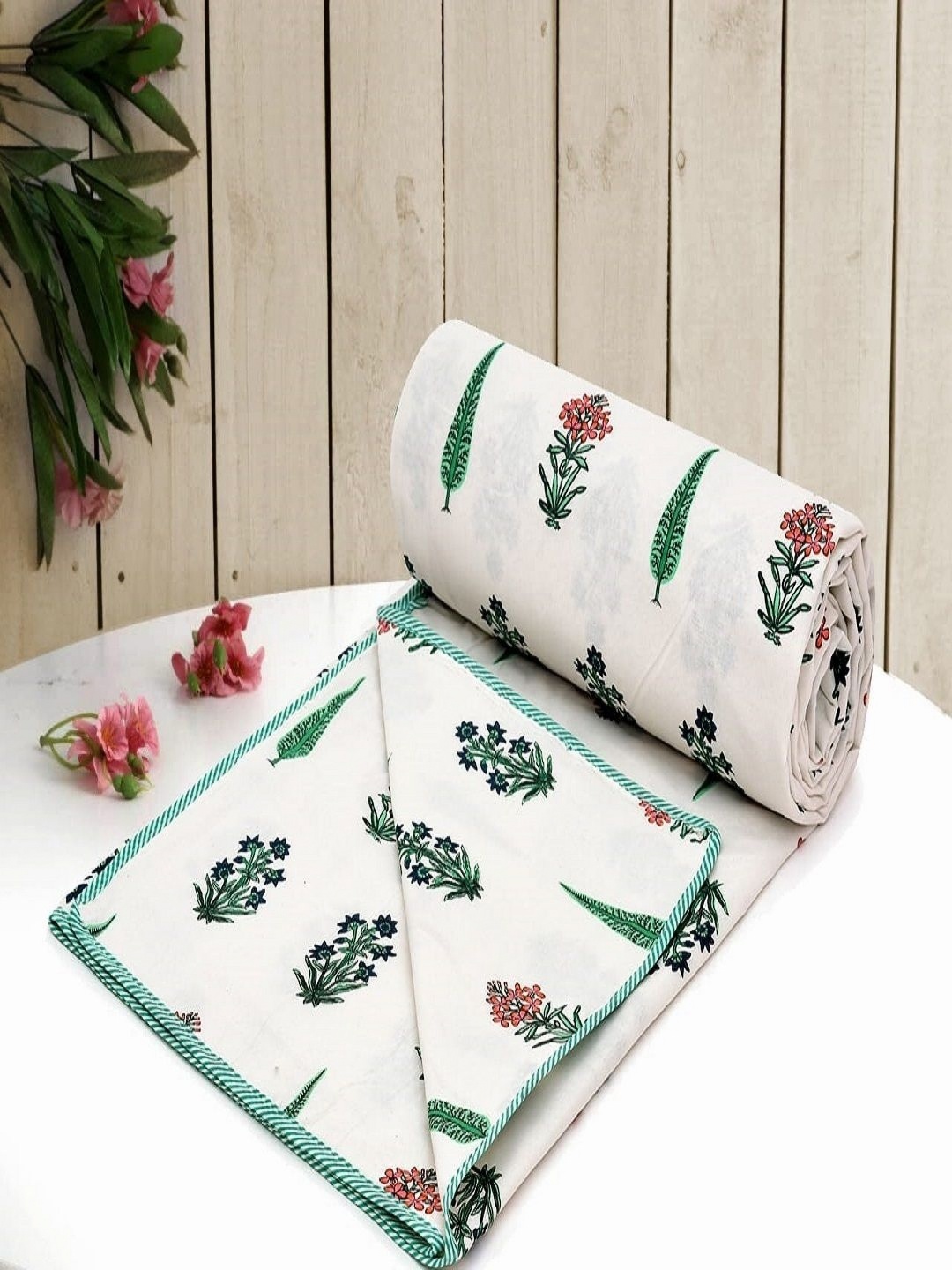 

CHICERY White & Green Floral AC Room Cotton 210 GSM Double Bed Dohar