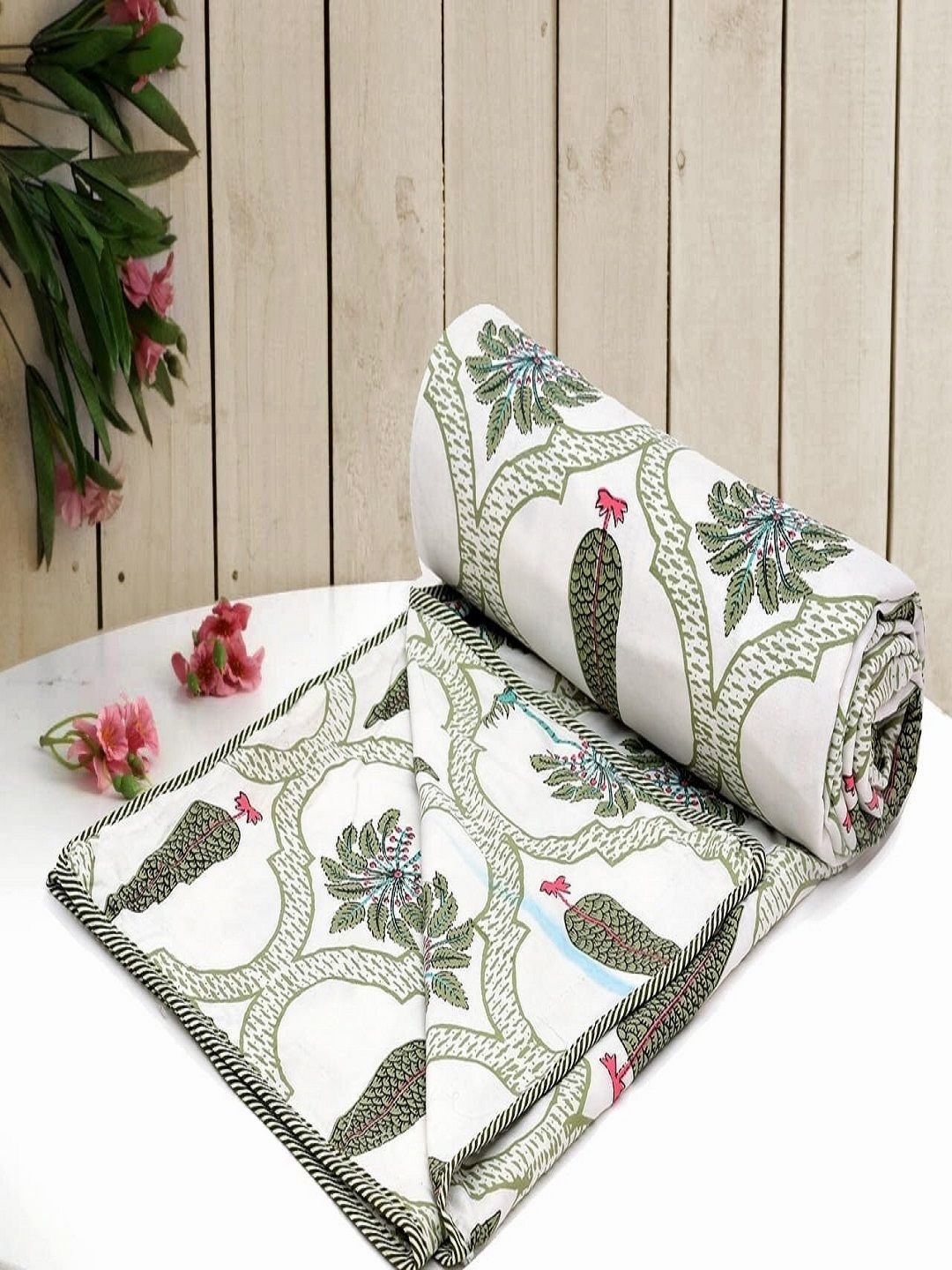 

CHICERY White & Green Floral AC Room 210 GSM Cotton Single Bed Dohar