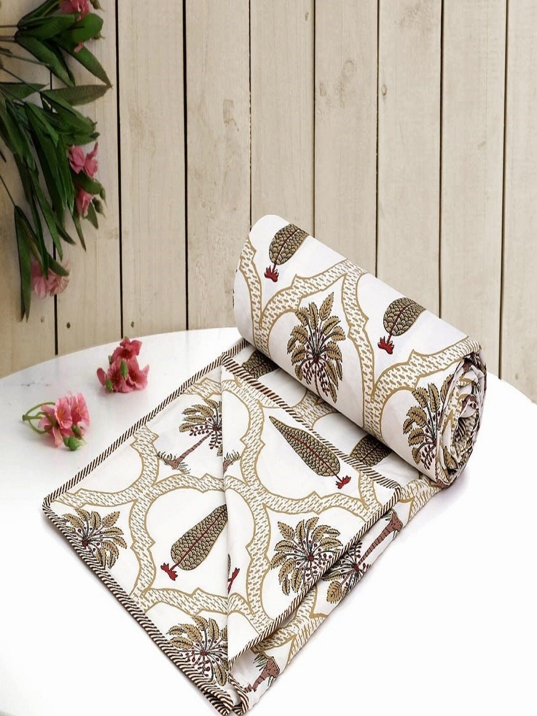 

CHICERY White & Brown Floral AC Room 210 GSM Cotton Single Bed Dohar