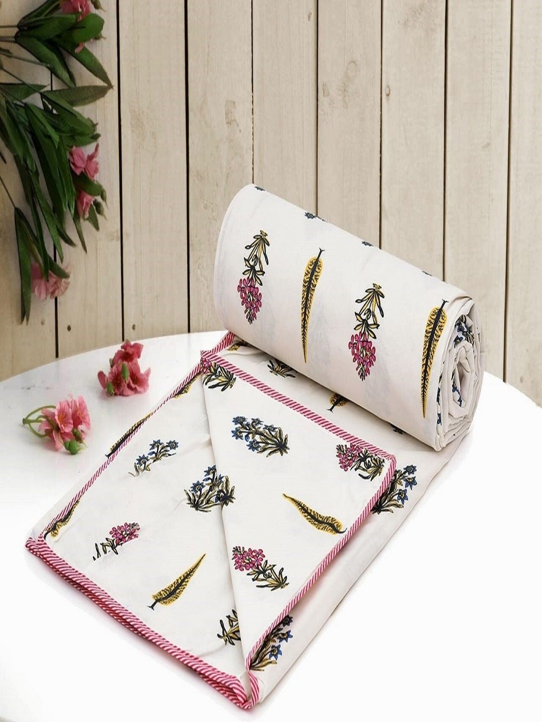 

CHICERY White & Pink Floral AC Room Cotton 210 GSM Double Bed Dohar