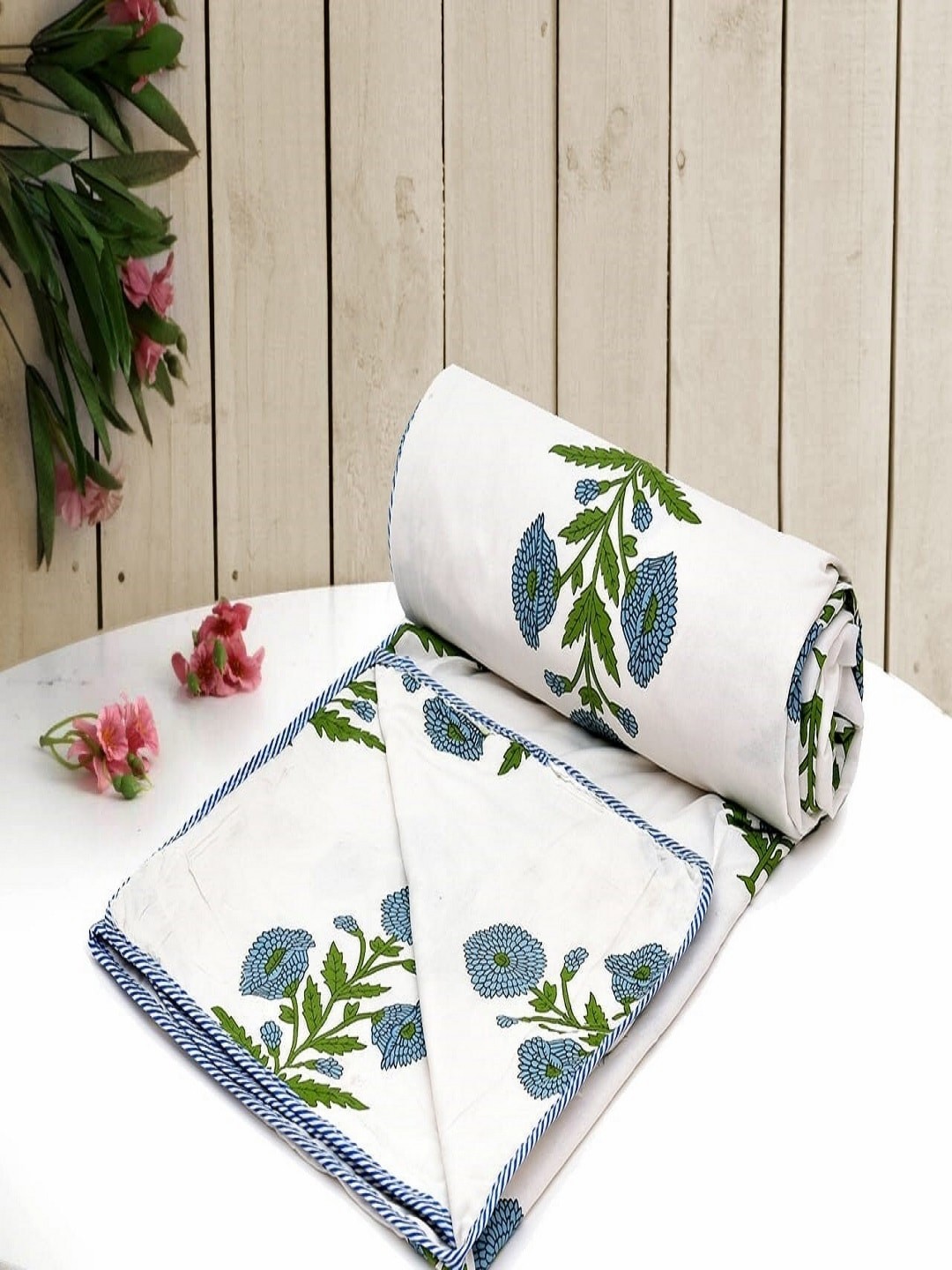 

CHICERY White & Green Floral AC Room Cotton 210 GSM Double Bed Dohar