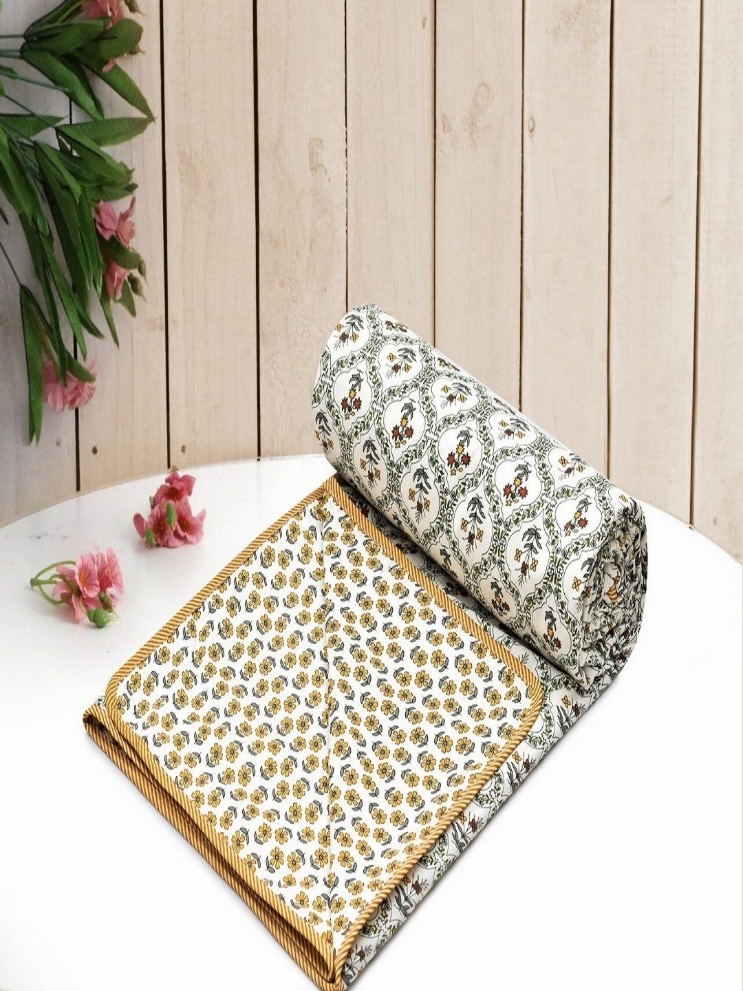 

CHICERY White & Grey Floral AC Room Cotton 210 GSM Double Bed Dohar