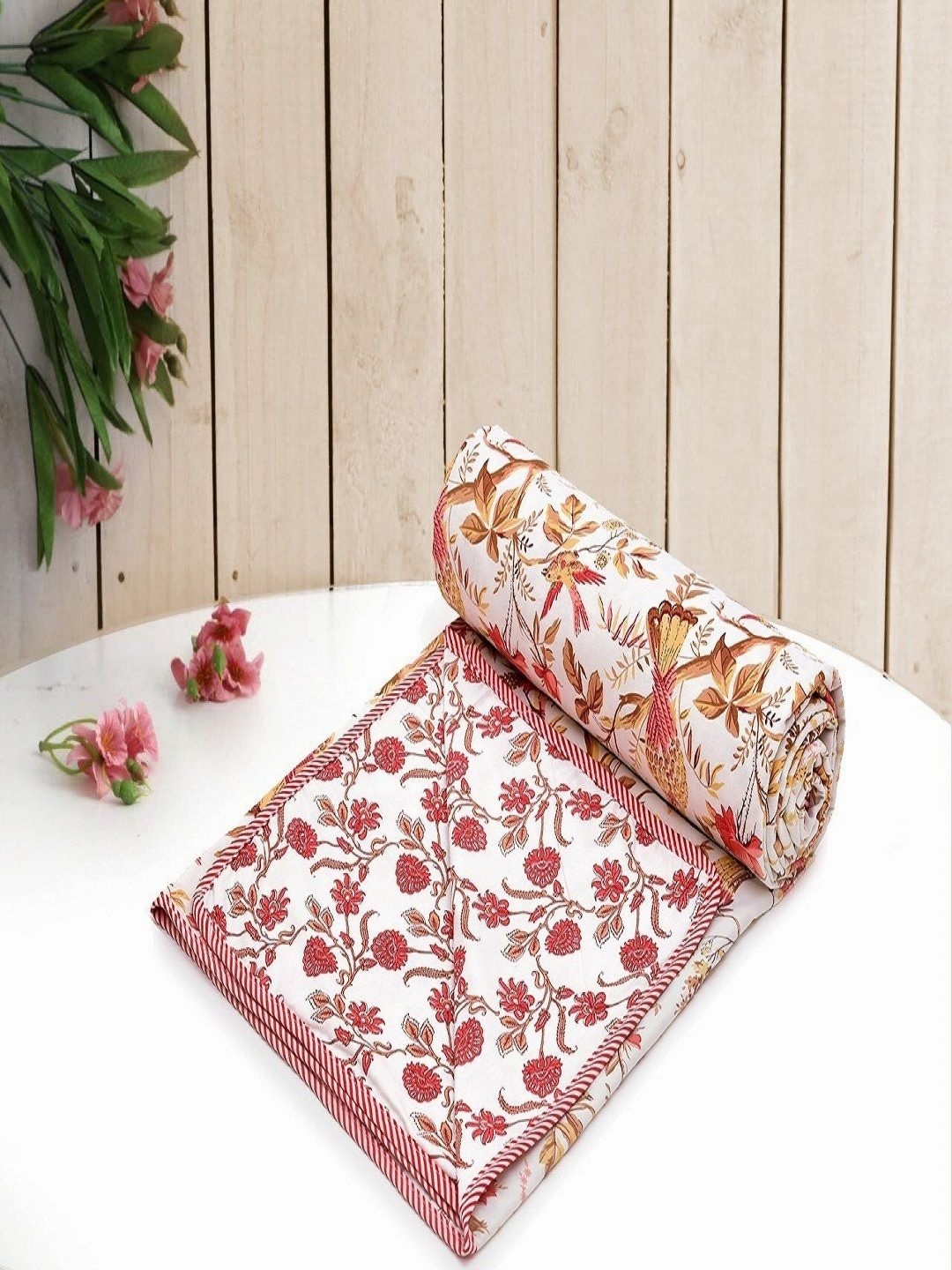 

CHICERY White & Red Floral AC Room Cotton 210 GSM Single Bed Dohar