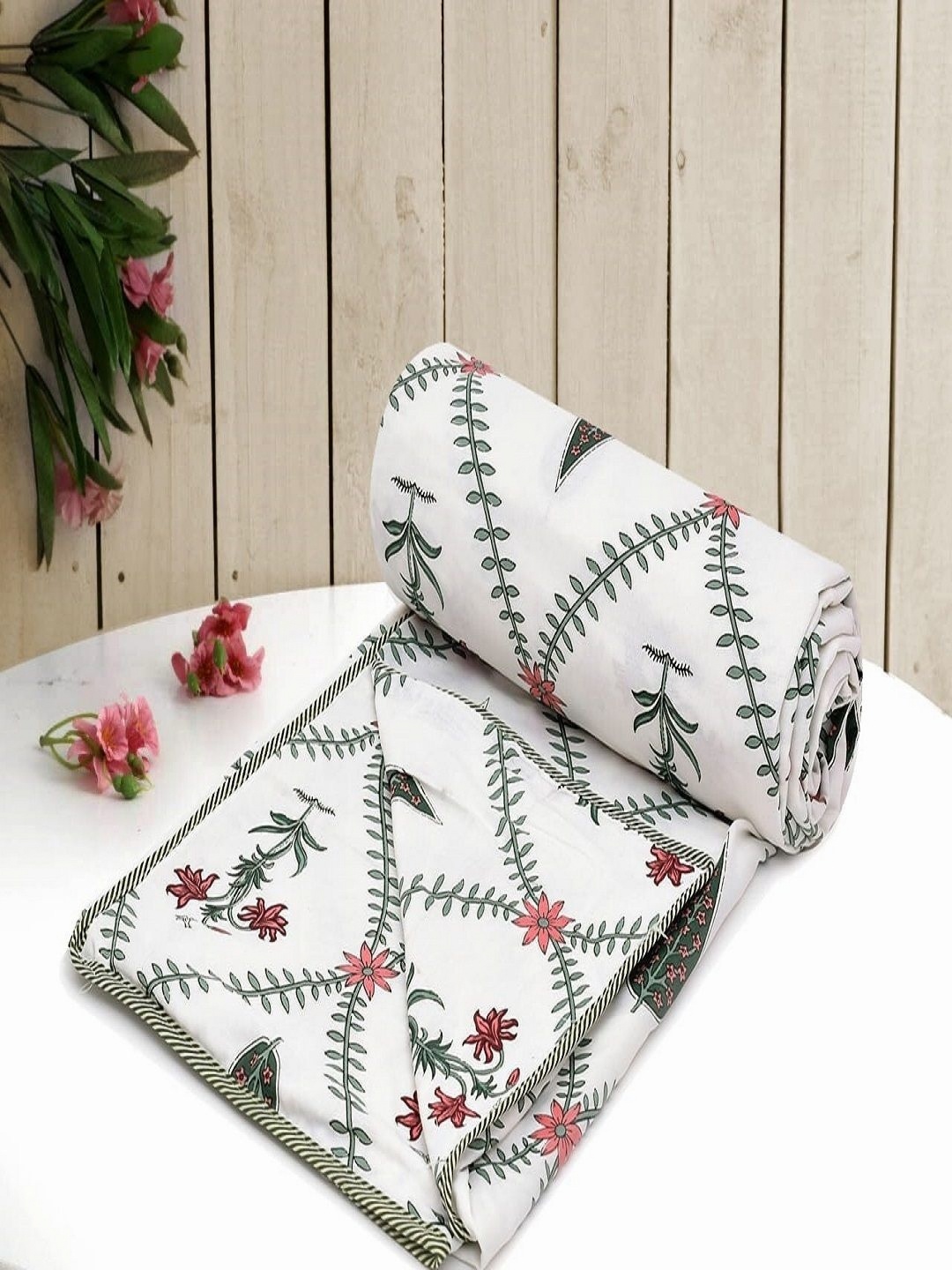 

CHICERY White & Green Floral AC Room 210 GSM Cotton Single Bed Dohar
