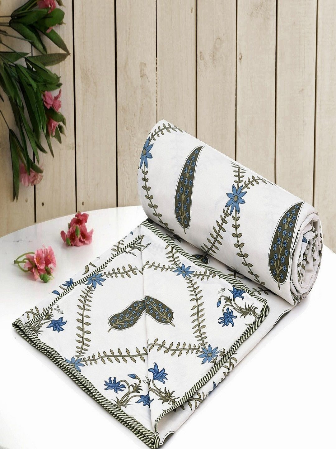 

CHICERY White & Green Floral AC Room 210 GSM Cotton Single Bed Dohar
