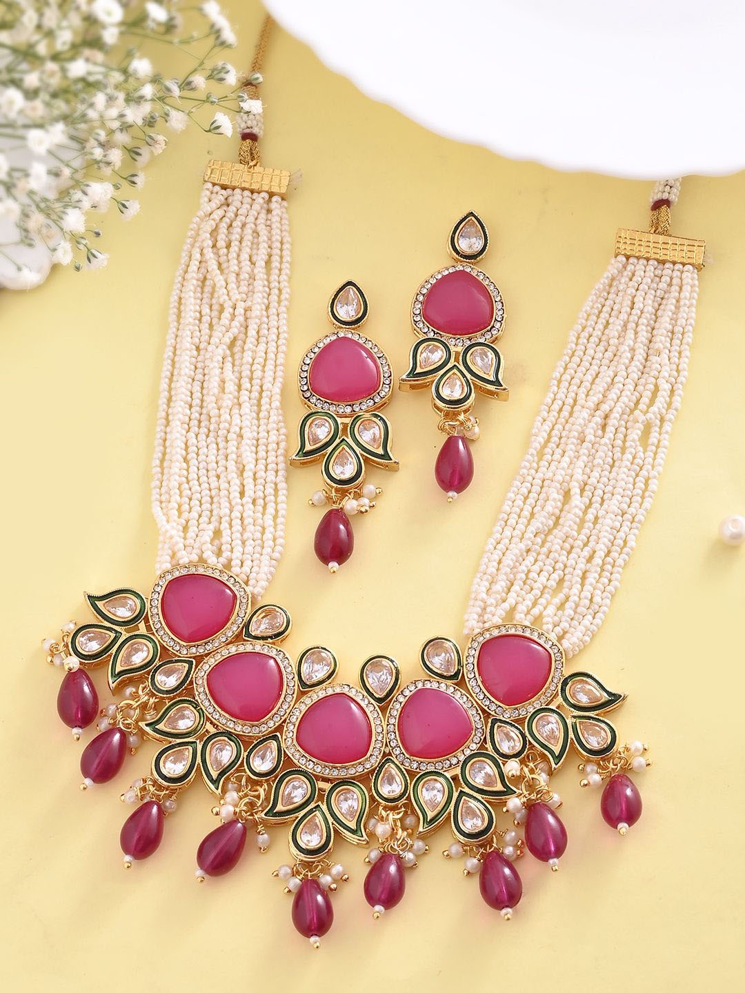 PYR FASHION Gold-Plated AD Kundan Polki Jewellery Set, Magenta