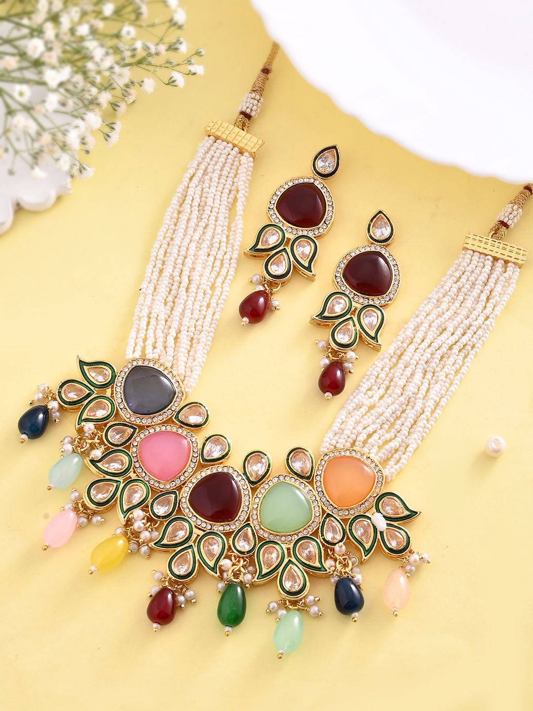 

PYR FASHION Gold-Plated AD Kundan Polki Jewellery Set, Multi