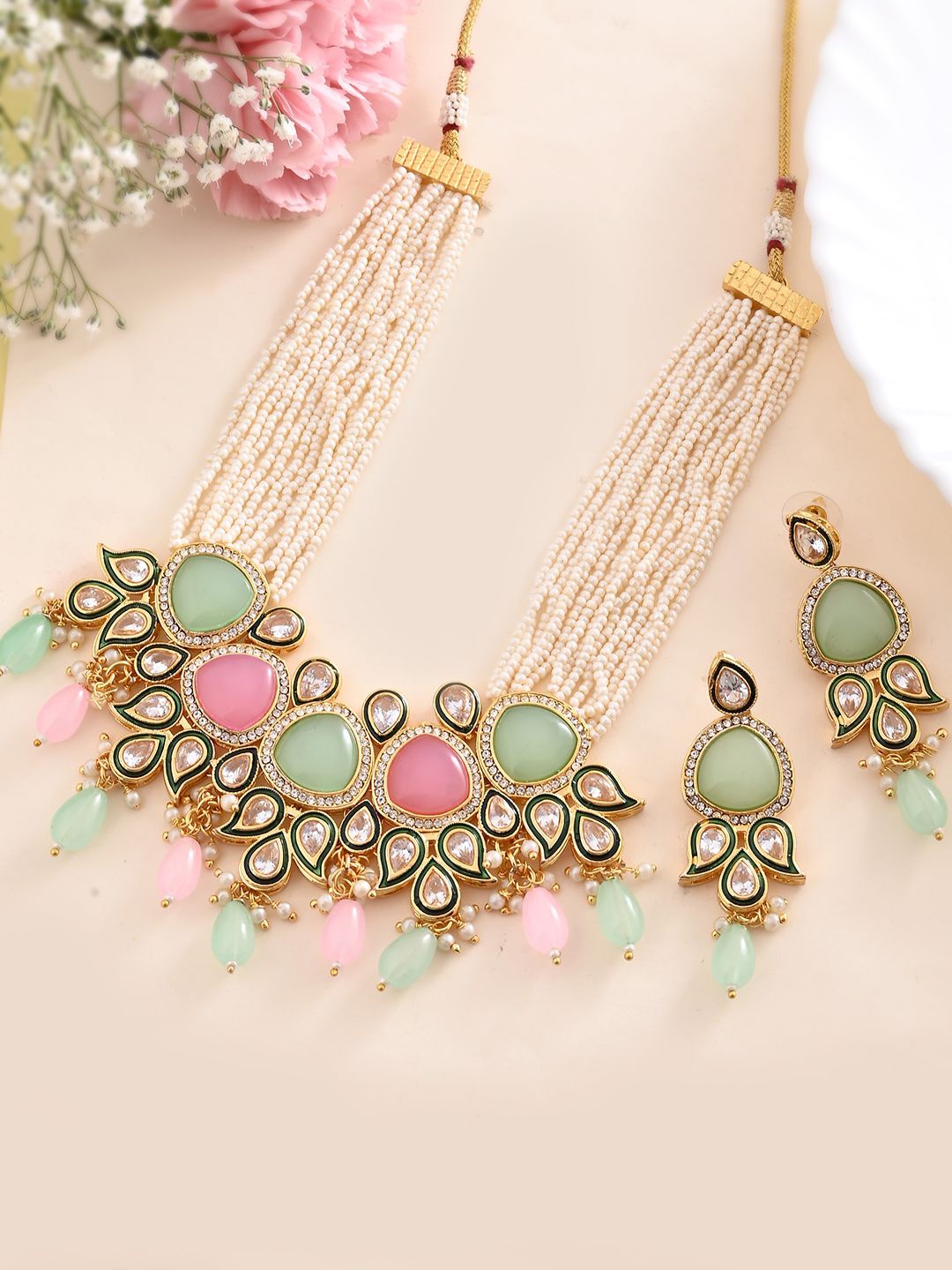 PYR FASHION Gold-Plated American Diamond-Stone & Kundan Studded Jewellery Set, White