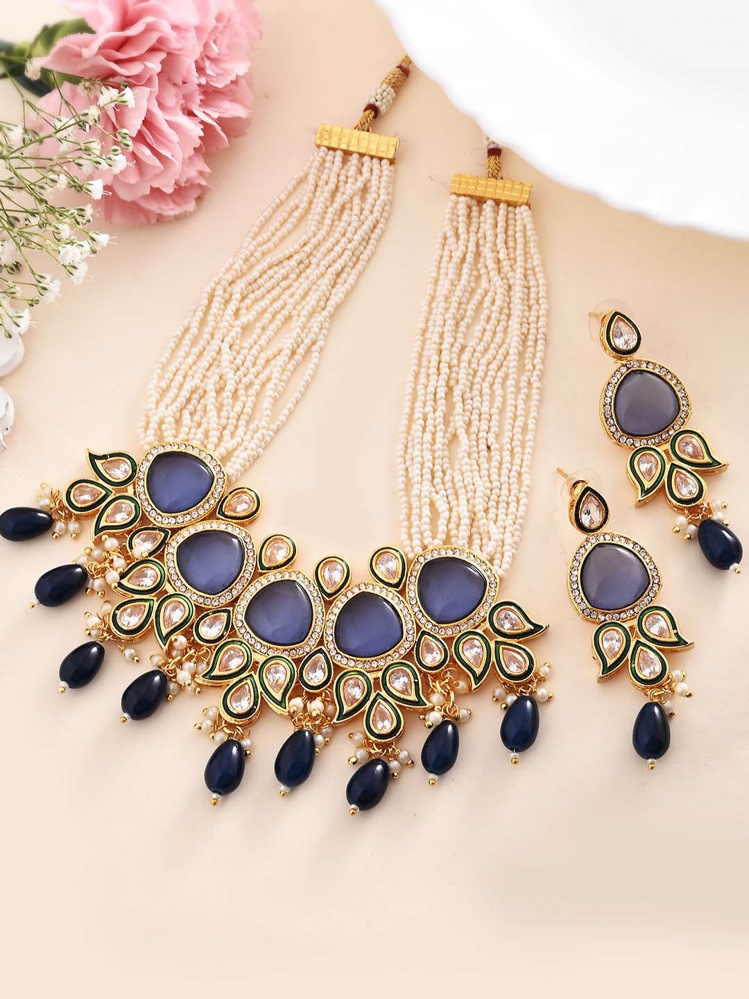 

PYR FASHION Gold-Plated American Diamond-Stone & Kundan Studded Jewellery Set, Blue