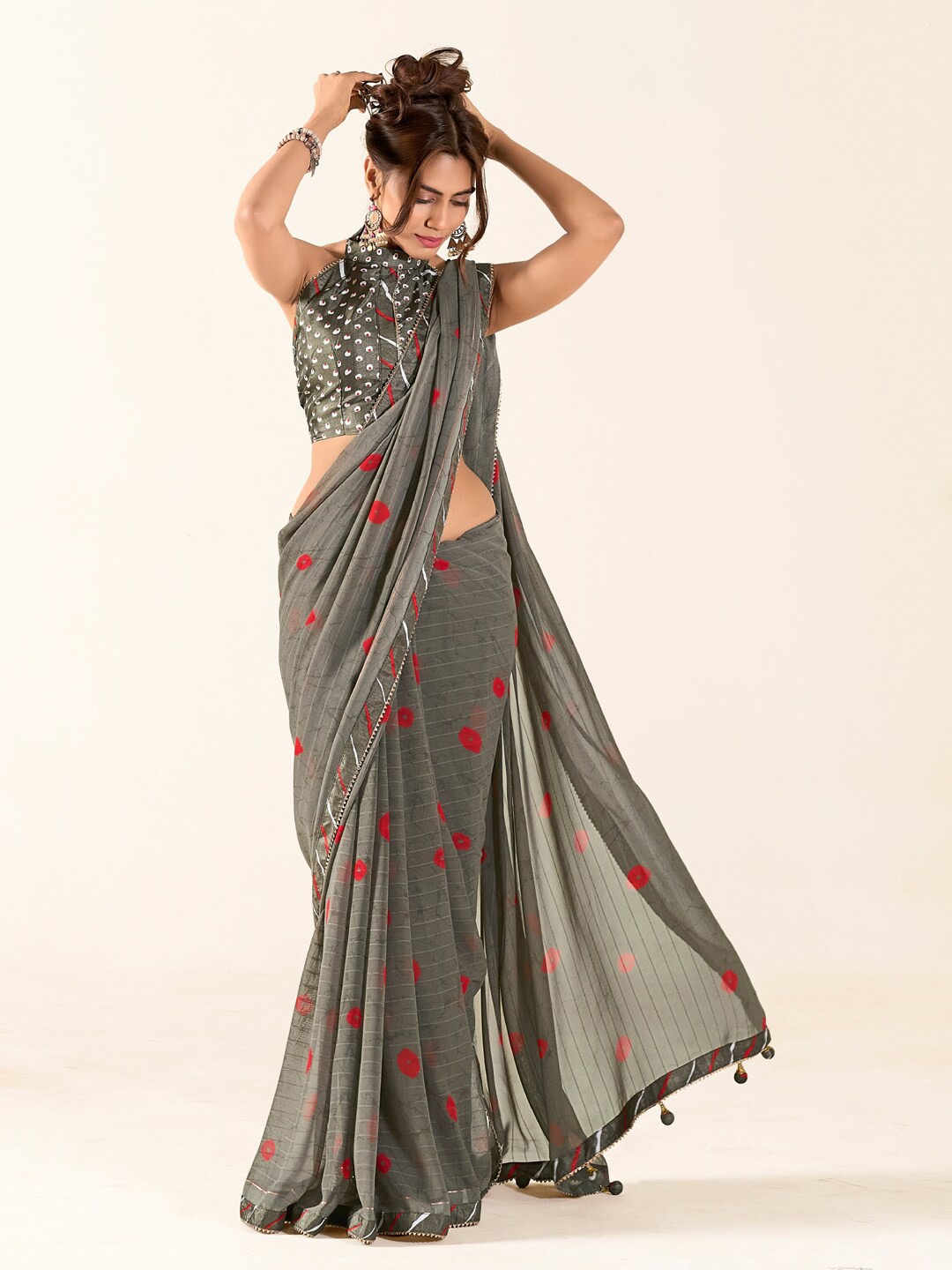 Mitera Striped Gotta Patti Saree, Grey