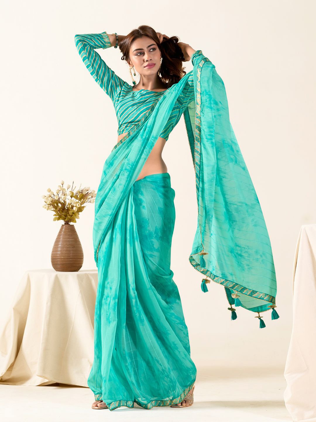 

Mitera Striped Gotta Patti Saree, Blue