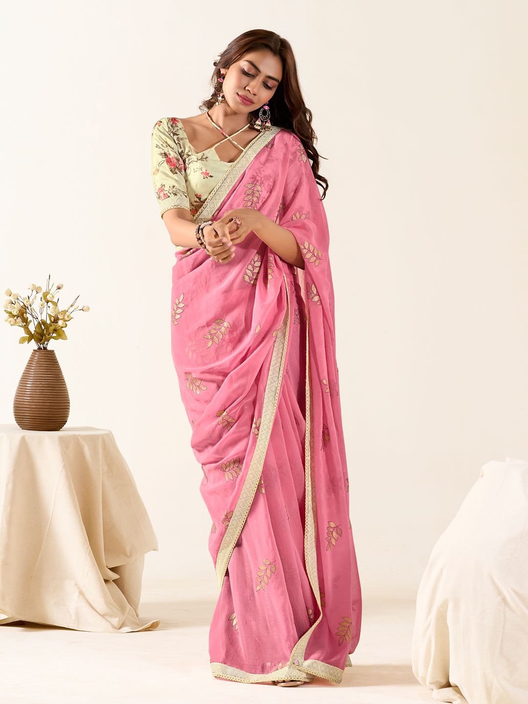 

Mitera Floral Embroidered Saree, Pink