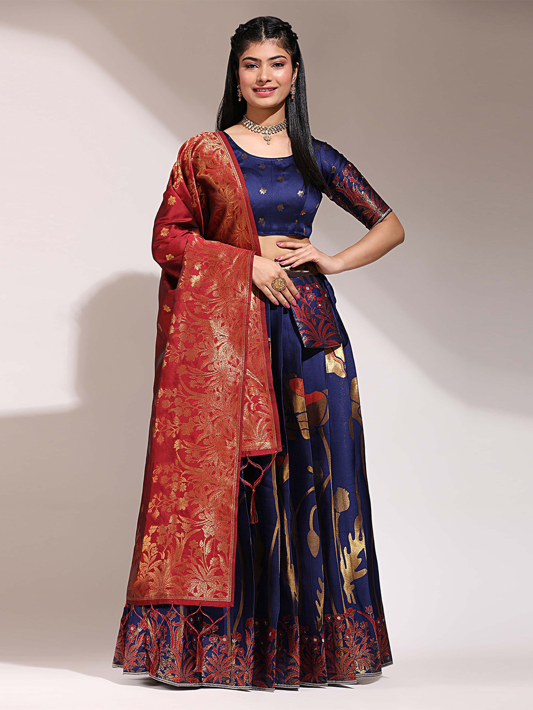 

Fabcartz Woven Design Art Silk Semi-Stitched Lehenga & Unstitched Blouse With Dupatta, Navy blue
