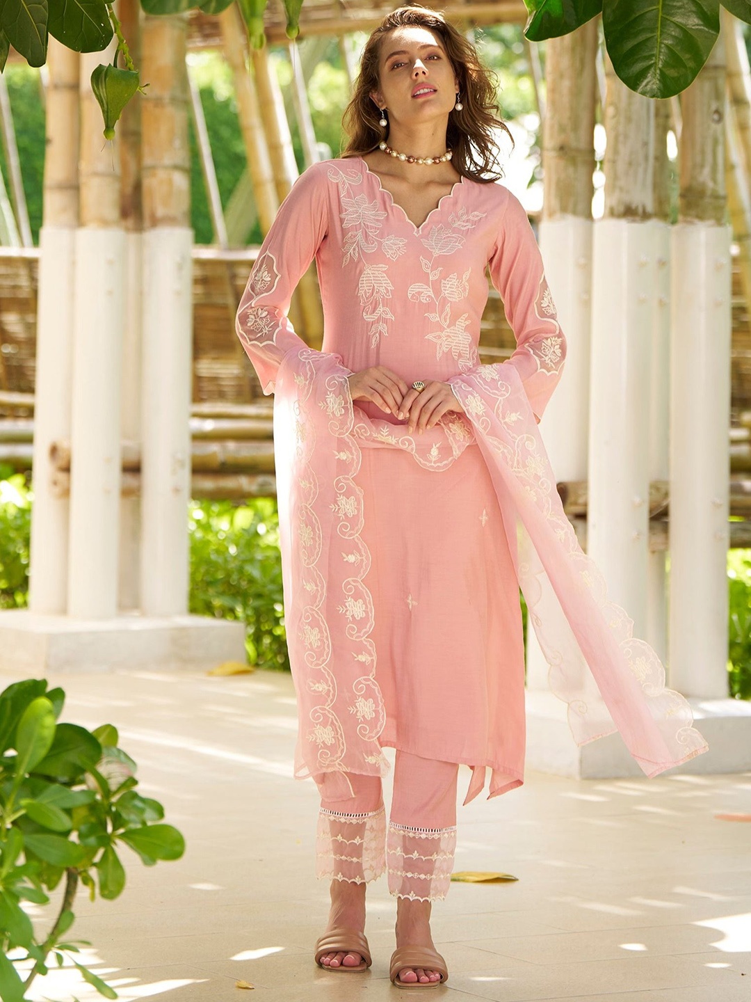 

AUTUMN LANE NAVJOT FLAMINGO Floral Embroidered V-Neck Kurta With Trousers & Dupatta, Pink