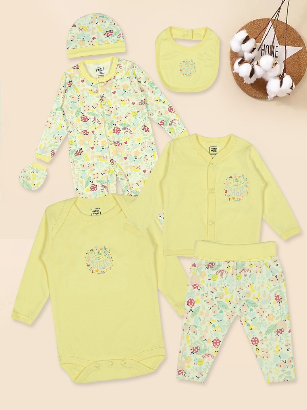 

MeeMee Infants Pack of 6 Printed Pure Cotton Baby Apparel Gift Set, Yellow