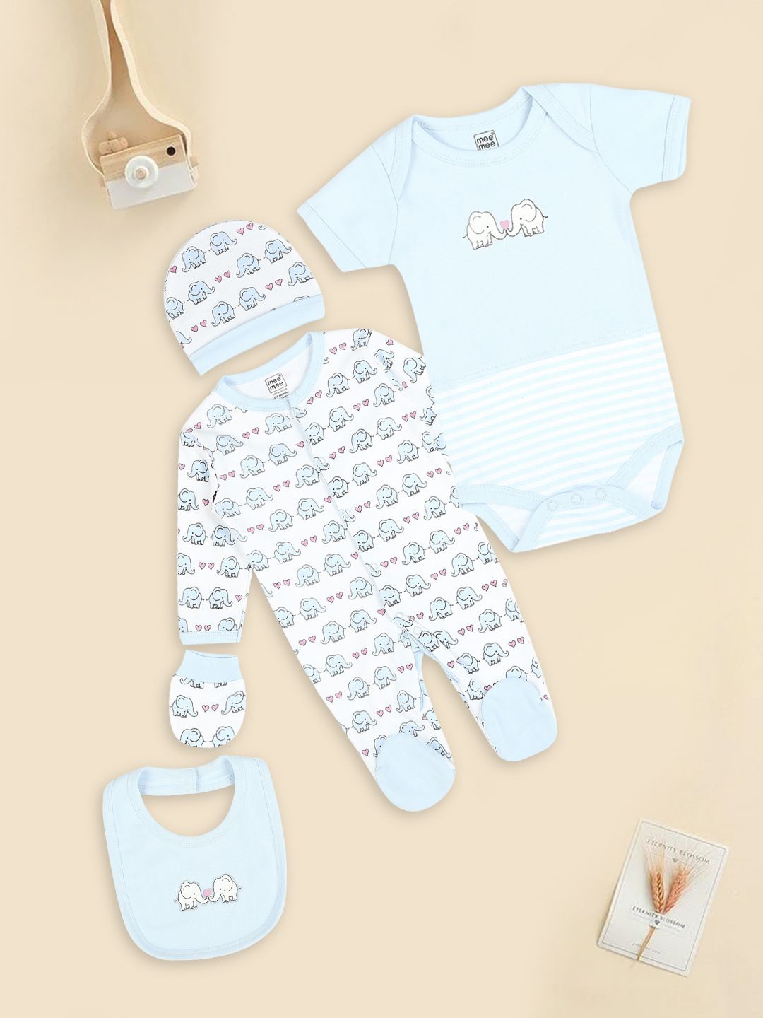 

MeeMee Infants Set Of 5 Printed Pure Cotton Baby Apparel Gift Set, Blue