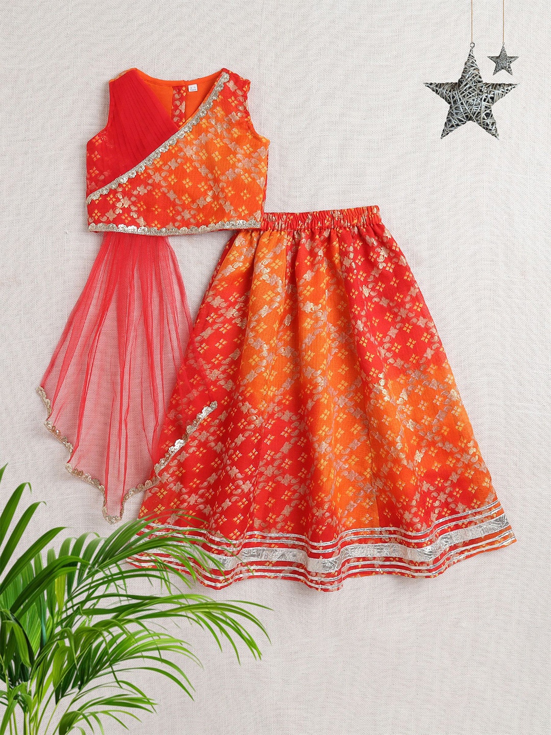 

The Magic Wand Girls Printed Ready to Wear Lehenga & Blouse With Dupatta, Orange