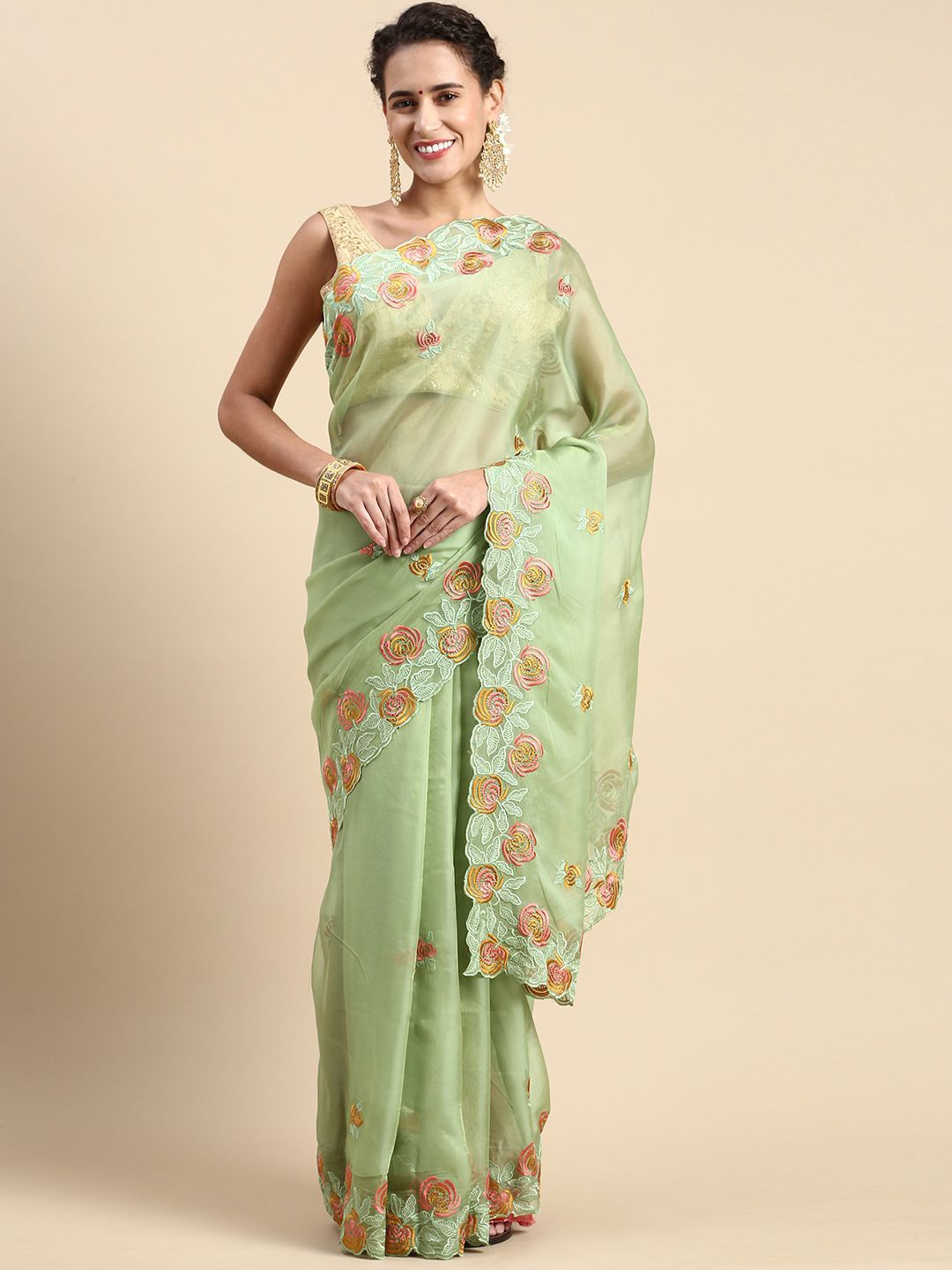 

HERE&NOW Floral Embroidered Organza Saree, Green