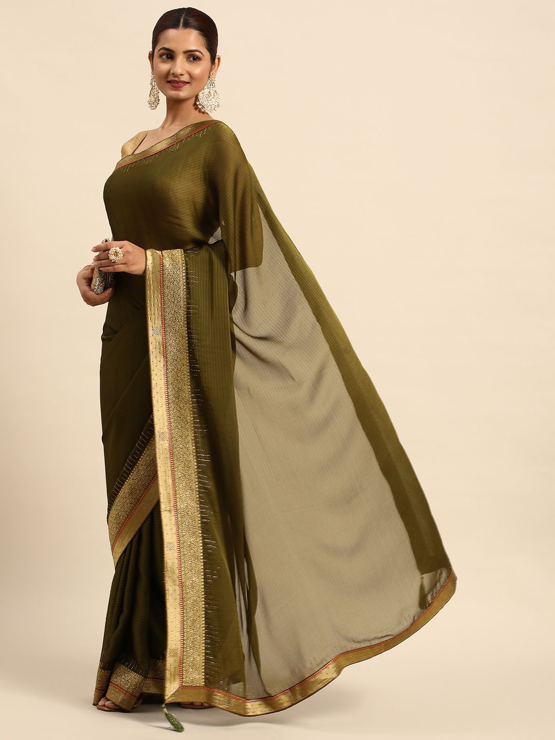 

HERE&NOW Beads and Stones Satin Saree, Olive