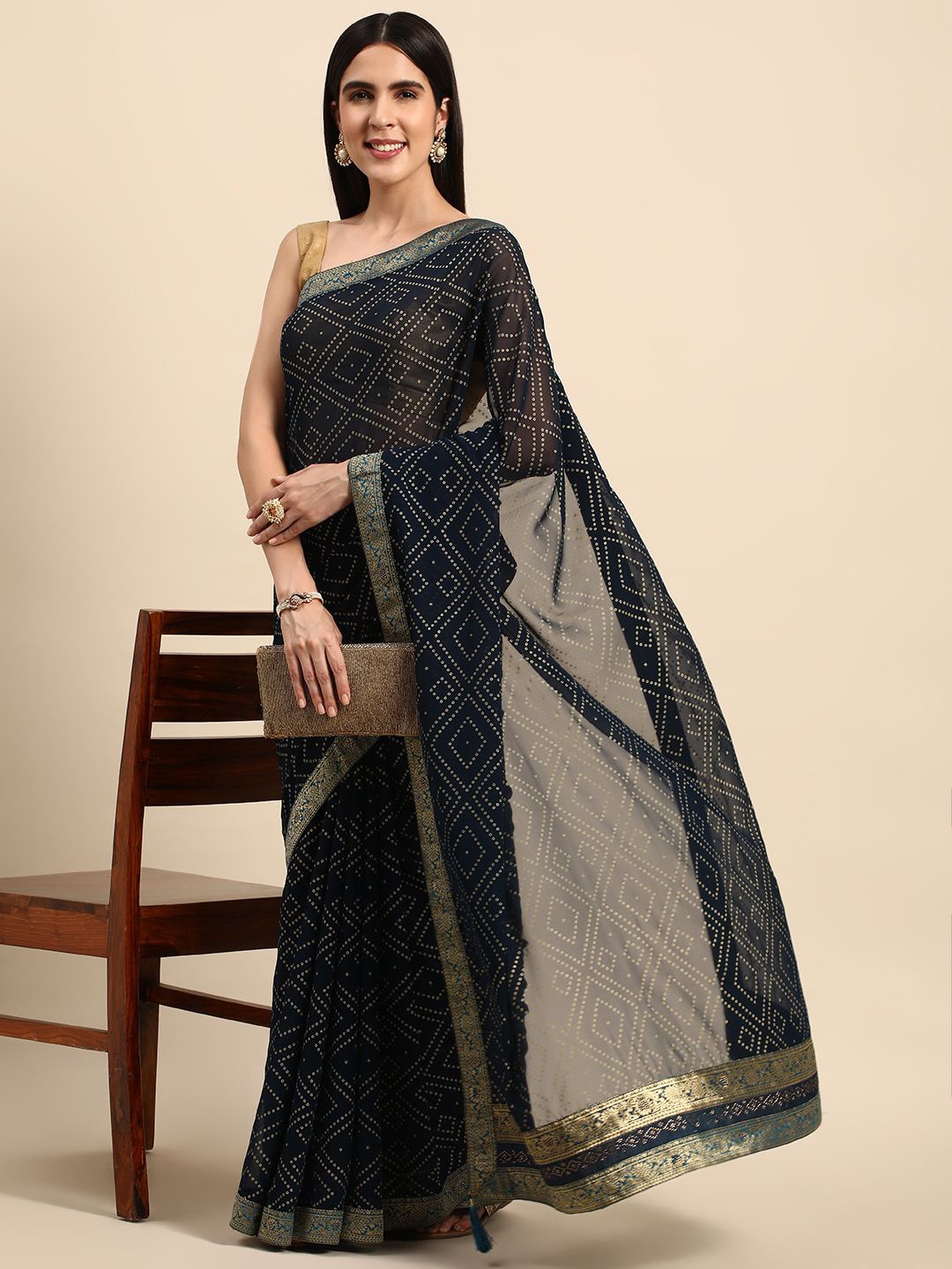 

HERE&NOW Bandhani Printed Zari Pure Georgette Saree, Blue
