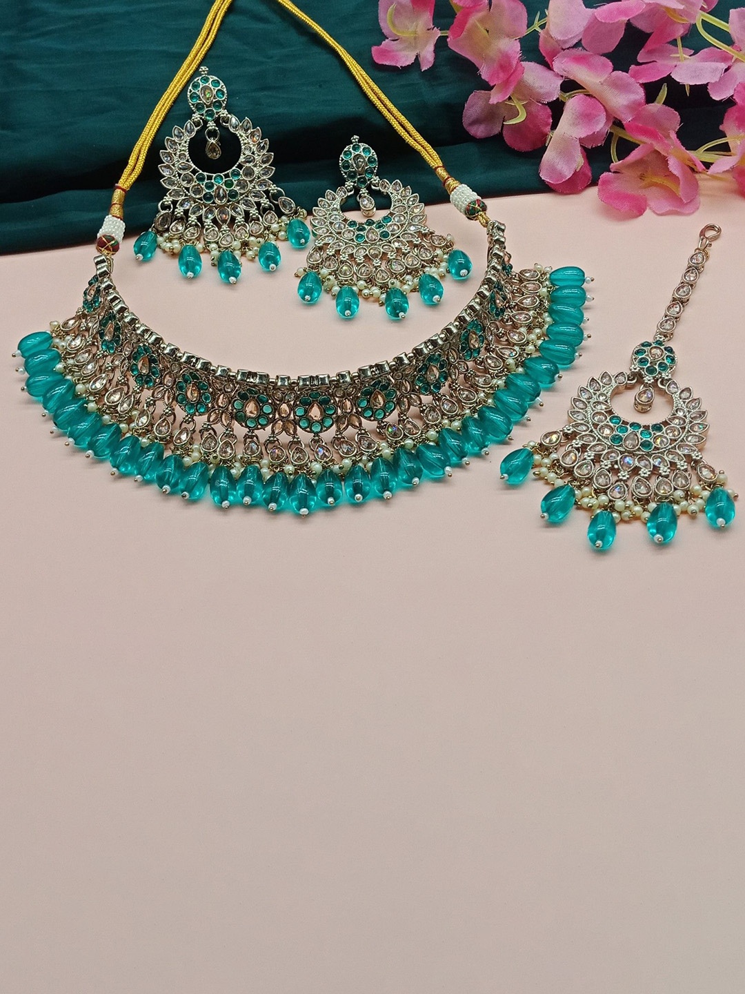 

AASHISH IMITATION American Diamond Antique Jewellery Set, Green