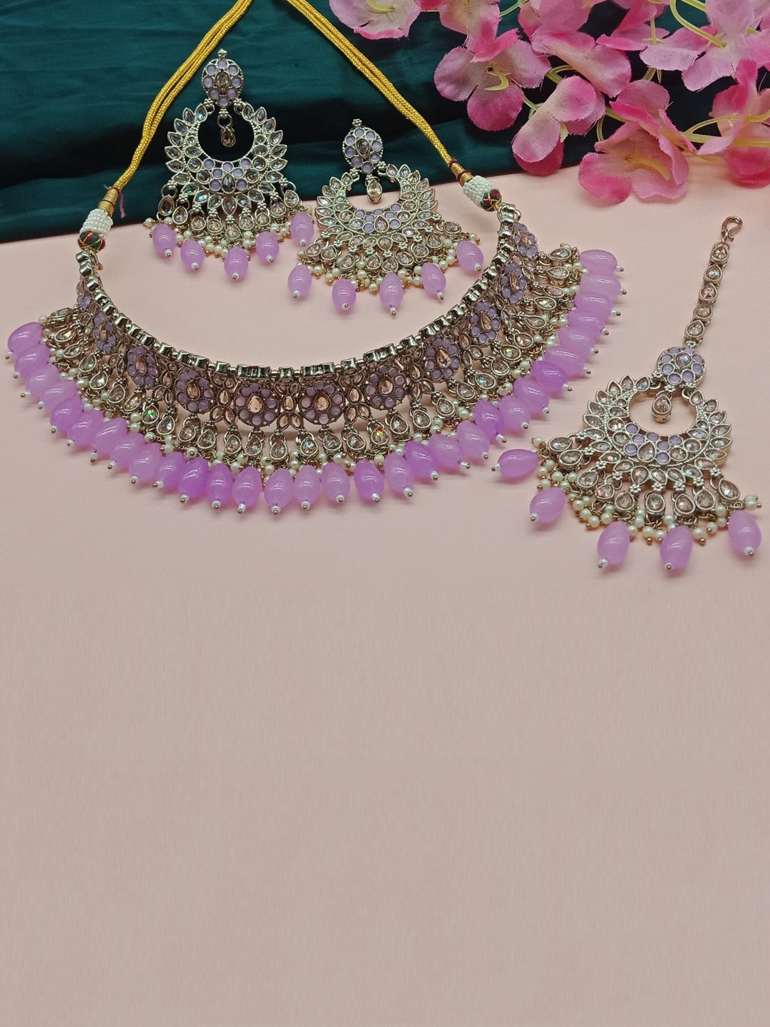 

AASHISH IMITATION AD Stone-Studded & Beaded Details Antique Jewellery Set, Purple