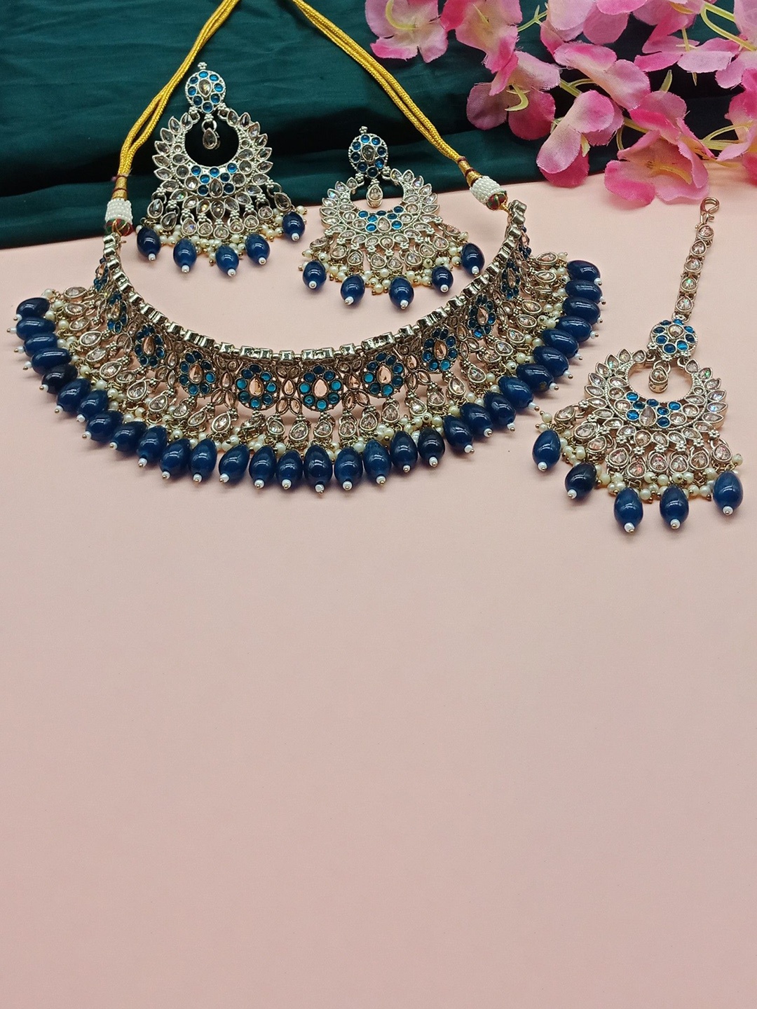 

AASHISH IMITATION AD Stone-Studded & Beaded Details Antique Jewellery Set, Navy blue