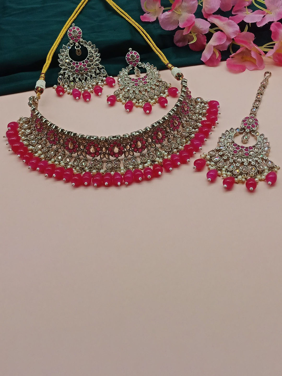 

AASHISH IMITATION AD Stone-Studded & Beaded Details Antique Jewellery Set, Pink