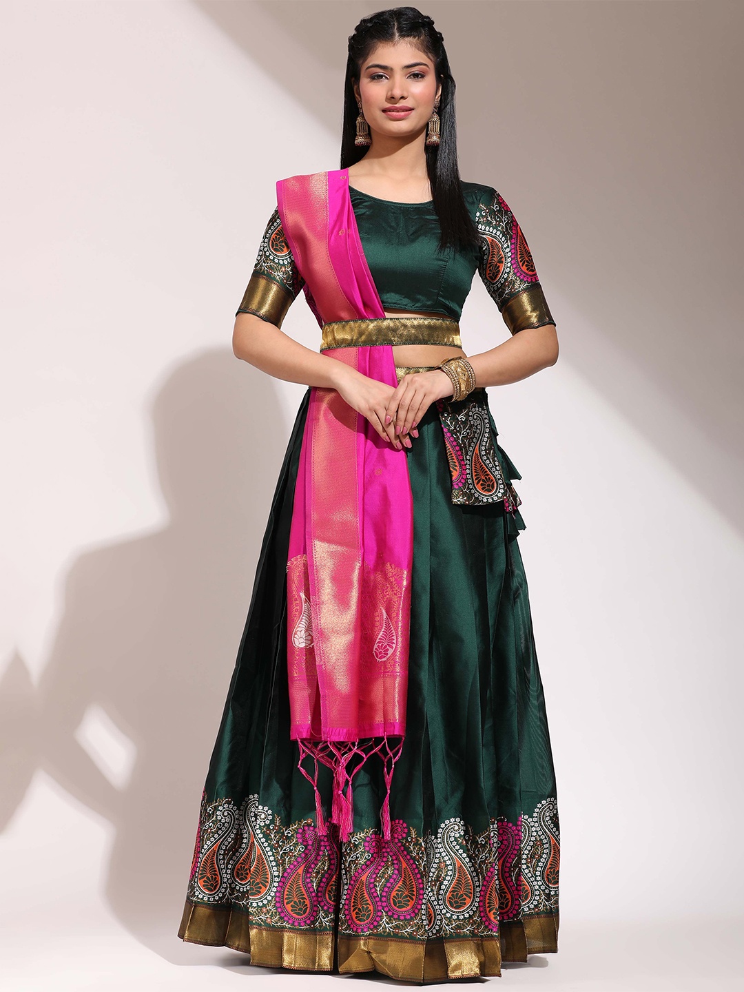 

Fabcartz Woven Design Art Silk Semi-Stitched Lehenga & Unstitched Blouse With Dupatta, Green