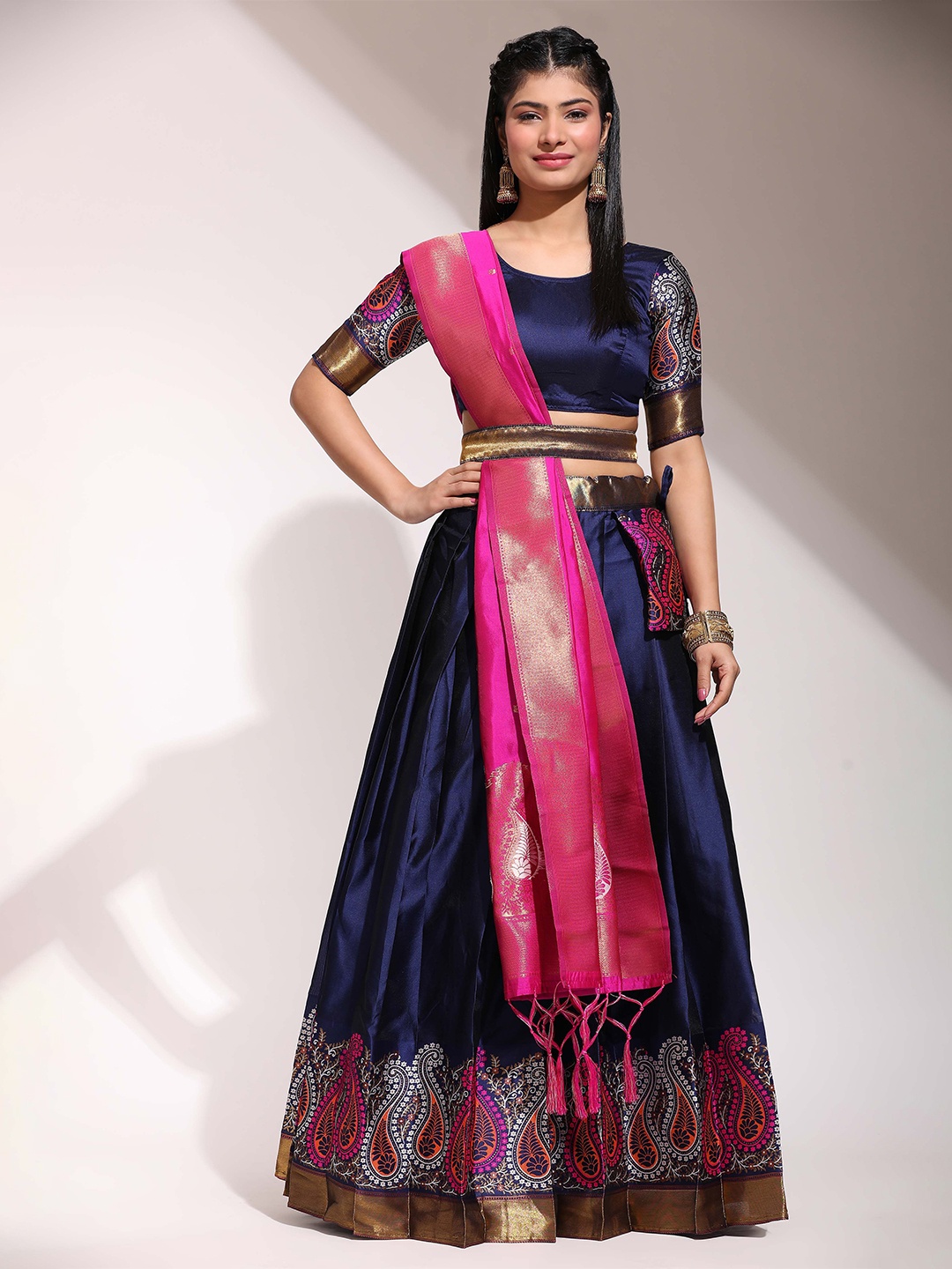 

Fabcartz Semi-Stitched Lehenga & Unstitched Blouse With Dupatta, Navy blue