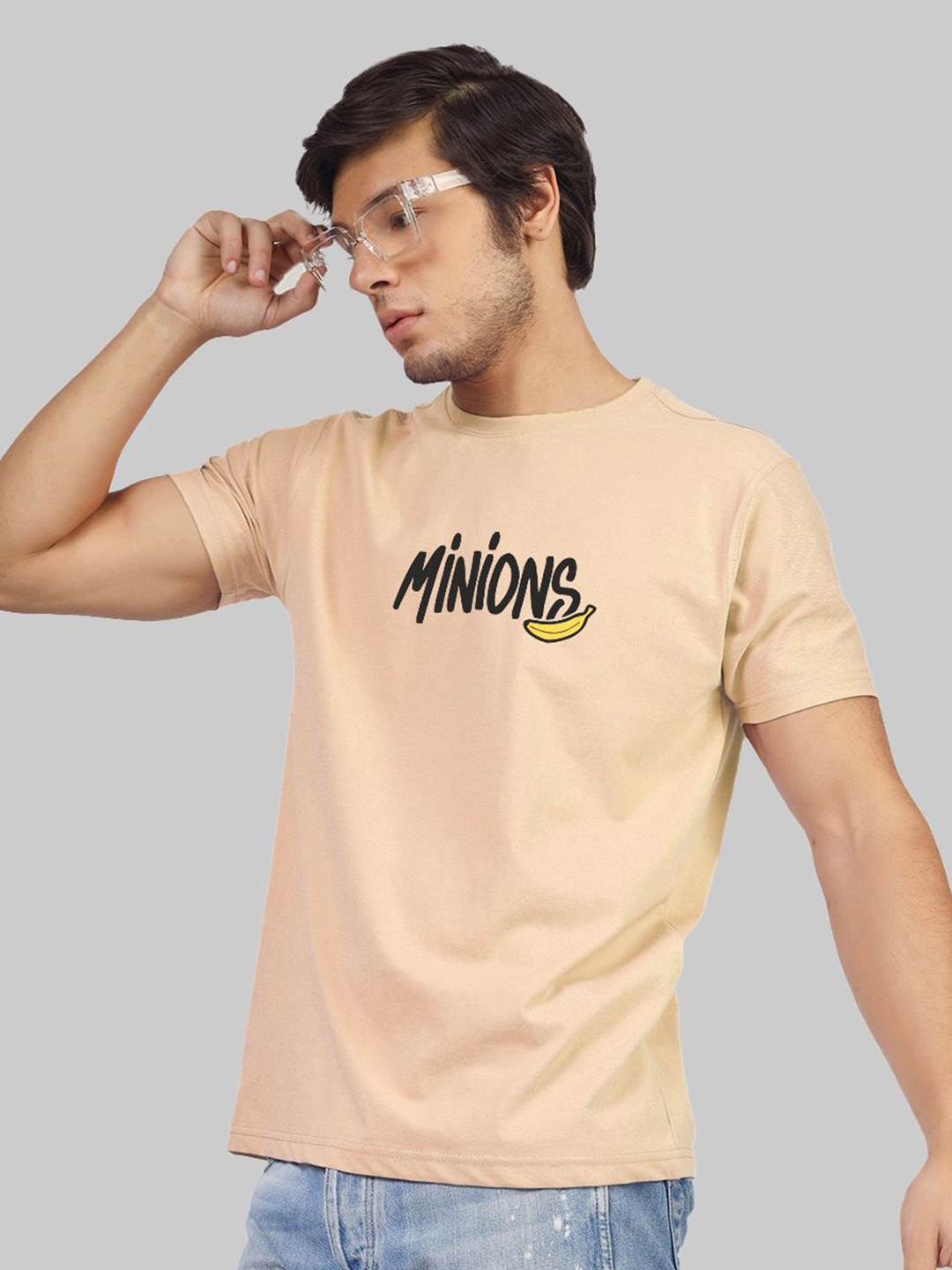 

Greylongg Men Round Neck Typography Printed T-shirt, Beige