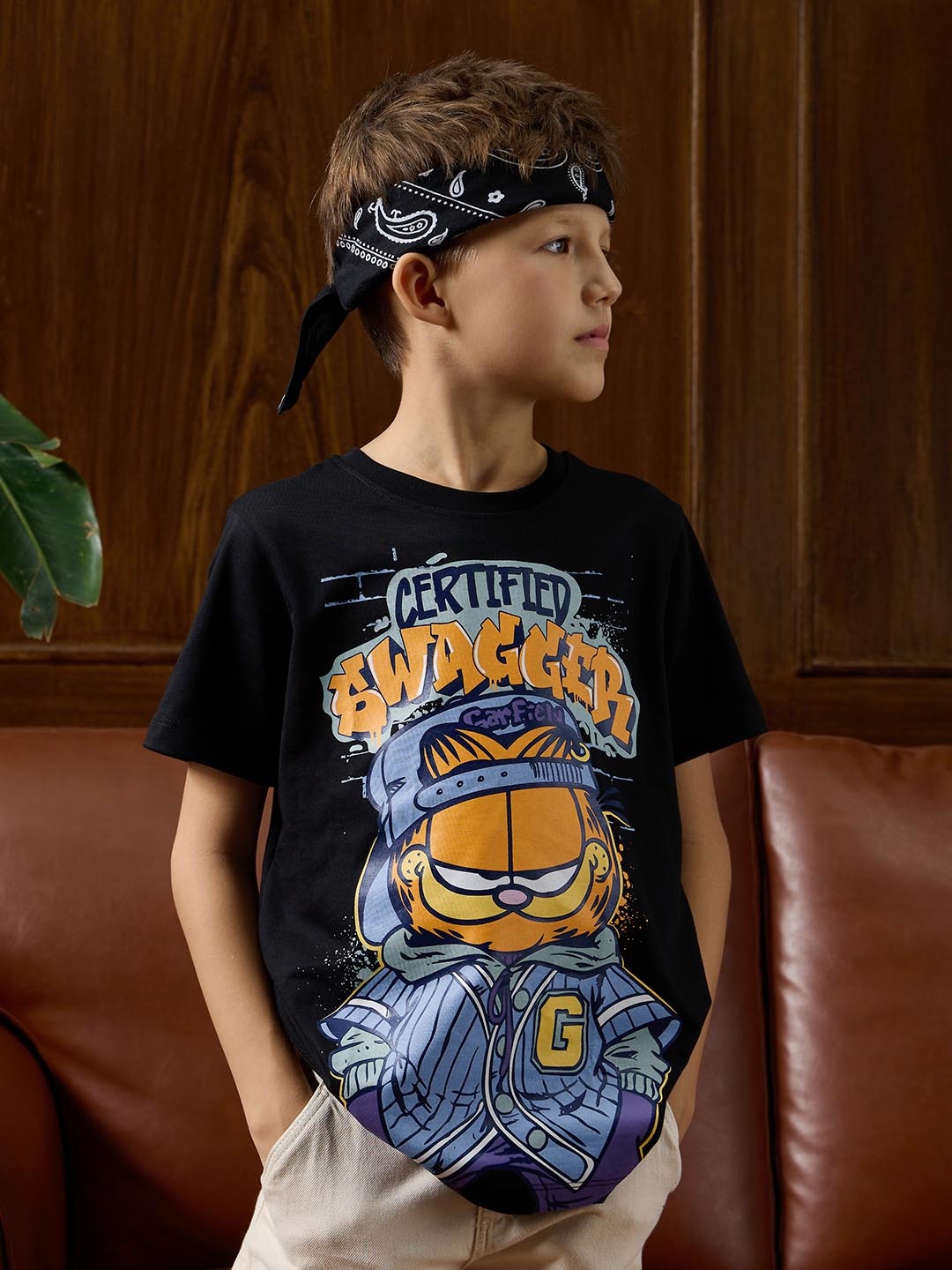 

The Souled Store Boys Garfield Graphic Printed Round Neck Pure Cotton T-shirt, Black
