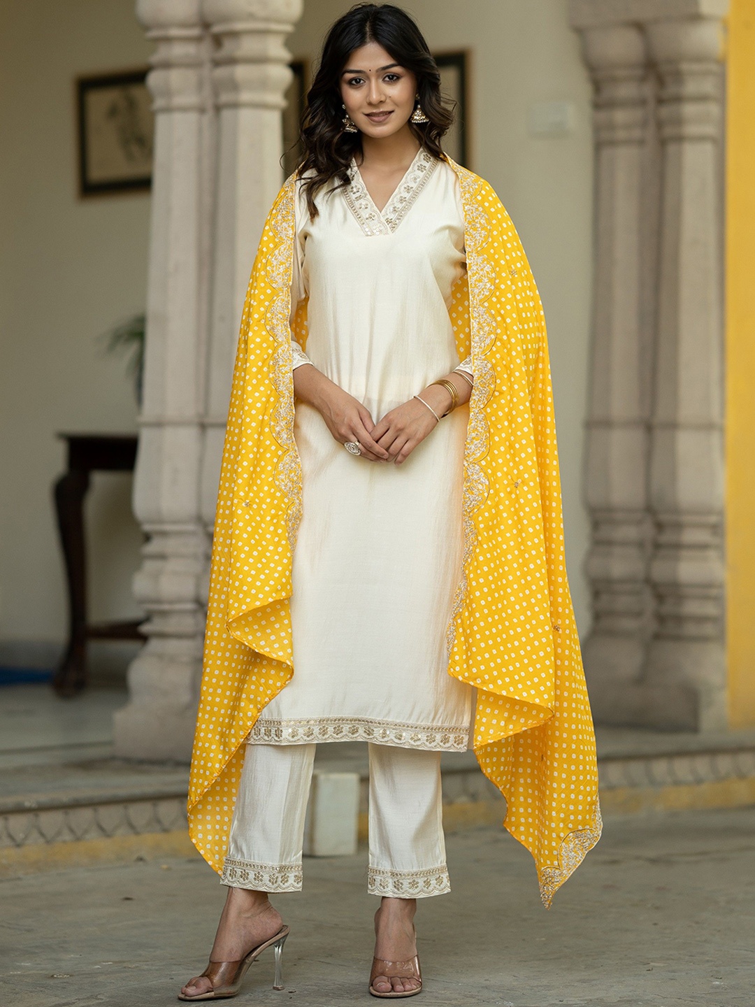 

ASPORA Bandhani Yoke Design Sequinned Chanderi Silk Kurta With Trousers & Dupatta, Yellow