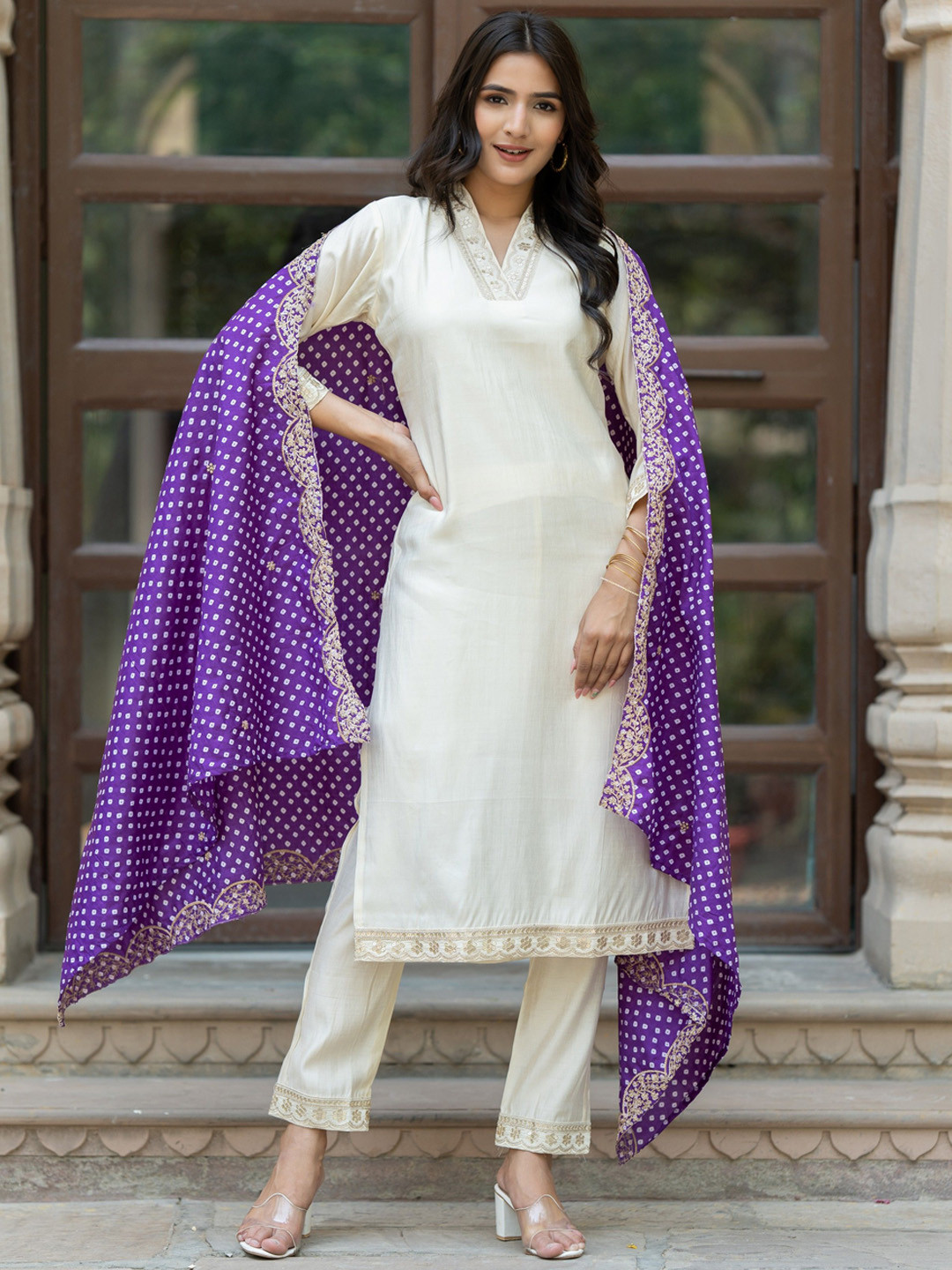 

ASPORA Bandhani Yoke Design Sequinned Chanderi Silk Kurta With Trousers & Dupatta, Purple