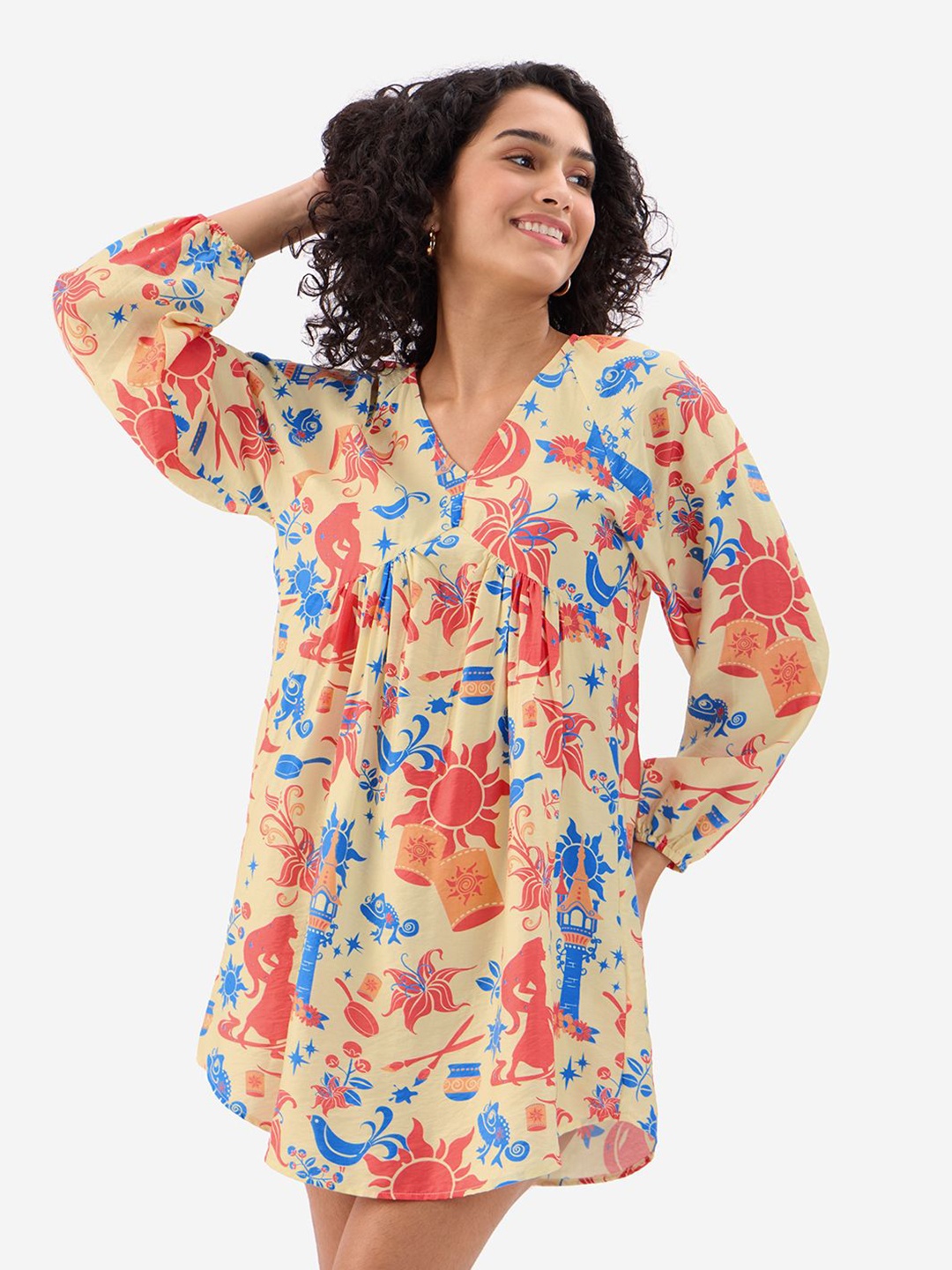 

The Souled Store Print Puff Sleeve Chiffon A-Line Dress, Yellow