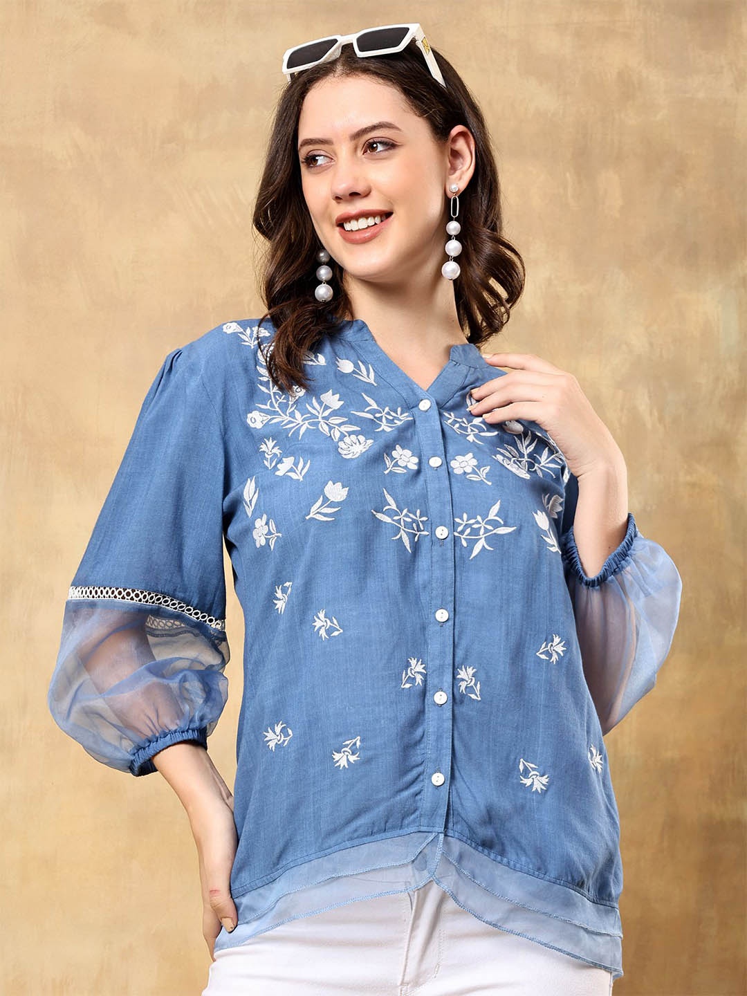 

ANGITA Floral Print Shirt Style Top, Blue