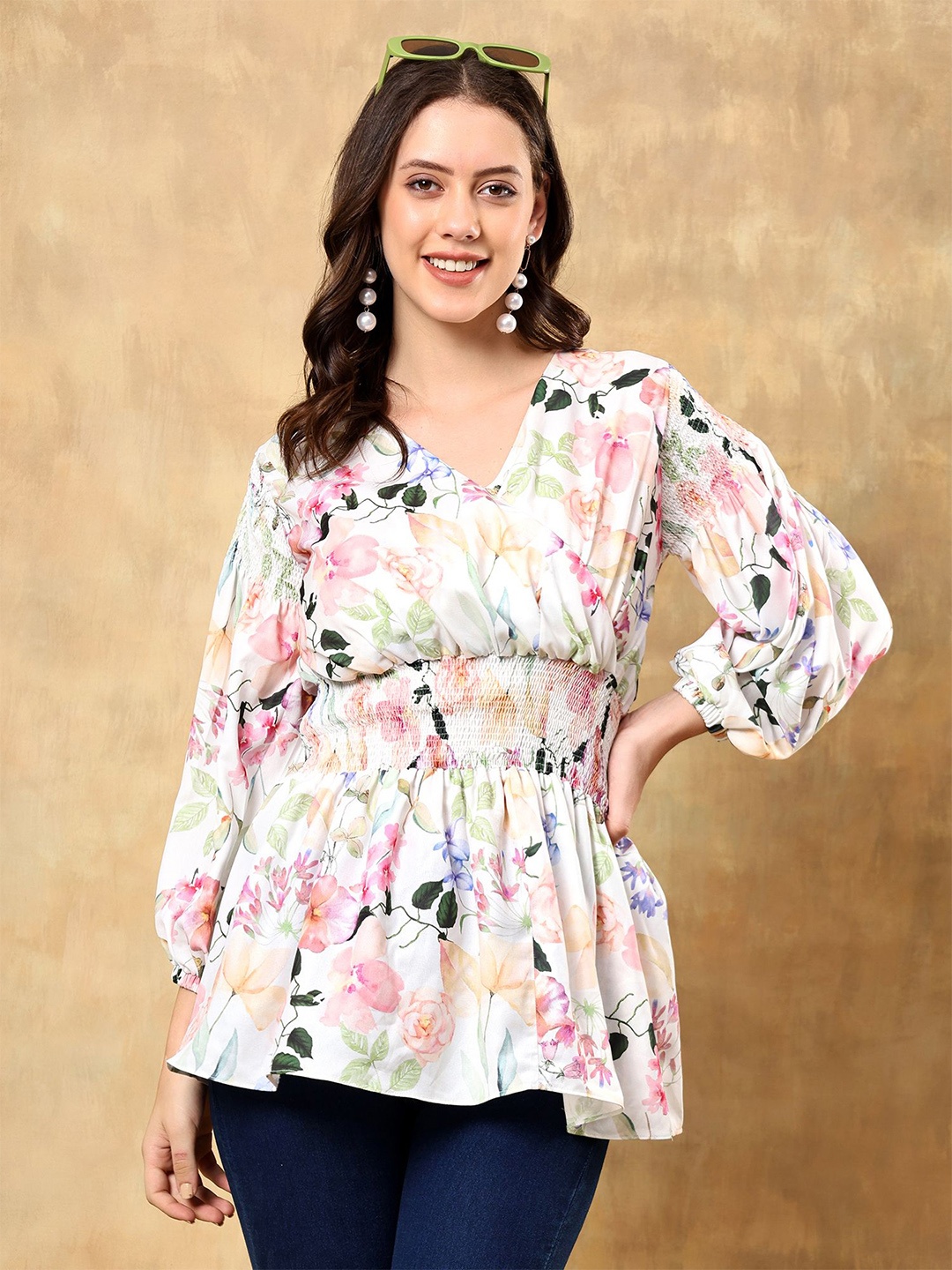 

ANGITA Floral Print Kimono Sleeve Wrap Top, Cream